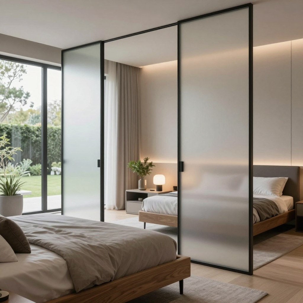 A sleek contemporary bedroom featuring a design that emphasizes privacy and light control with frosted privacy glass panels. In the foreground, a stylish wooden bed with plush bedding invites relaxation. The middle ground showcases a stylish nightstand with modern decor, including a small plant and a minimalistic lamp, adding warmth to the space. Elegant privacy glass partitions create a sense of separation, allowing light to filter in softly while maintaining intimacy. In the background, large windows reveal a serene garden view, enhancing the airy aesthetic. Soft, ambient lighting illuminates the room, with a focus on neutral color palettes and minimalist furnishings. The overall mood is tranquil and sophisticated, ideal for a modern living space that balances openness with privacy. A sleek contemporary bedroom featuring a design that emphasizes privacy and light control with frosted privacy glass panels. In the foreground, a stylish wooden bed with plush bedding invites relaxation. The middle ground showcases a stylish nightstand with modern decor, including a small plant and a minimalistic lamp, adding warmth to the space. Elegant privacy glass partitions create a sense of separation, allowing light to filter in softly while maintaining intimacy. In the background, large windows reveal a serene garden view, enhancing the airy aesthetic. Soft, ambient lighting illuminates the room, with a focus on neutral color palettes and minimalist furnishings. The overall mood is tranquil and sophisticated, ideal for a modern living space that balances openness with privacy.