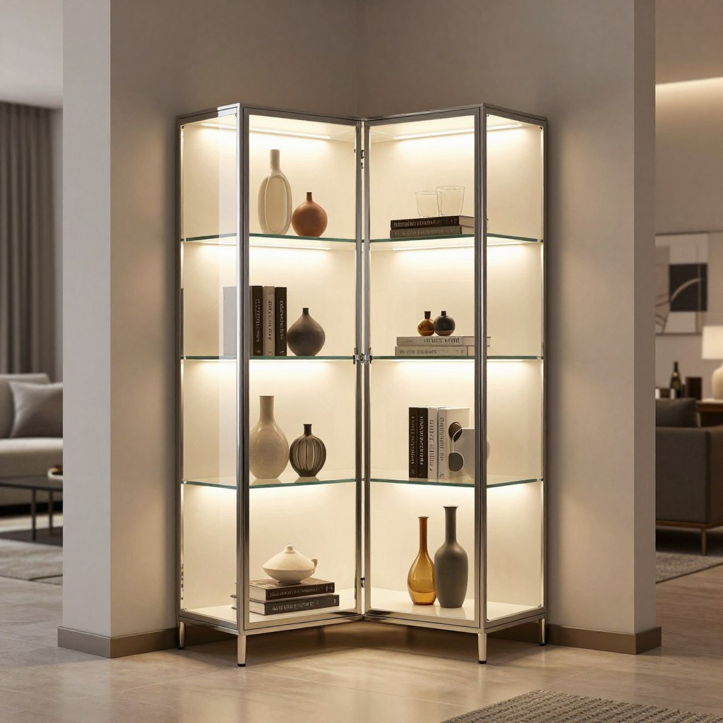 A sleek corner glass display cabinet, elegantly designed with a modern aesthetic, showcasing integrated LED lighting illuminating the glass shelves. The cabinet features a combination of clear tempered glass and a polished stainless steel frame, reflecting contemporary style. The foreground includes the cabinet filled with artfully arranged decorative objects like vases and books. In the middle, the cabinet stands prominently against a soft neutral wall, accentuated by subtle ambient lighting that creates a warm glow. The background features a softly blurred contemporary living room setting with minimalist decor, enhancing the cabinet's elegant presence. The overall mood is sophisticated and inviting, perfect for a modern living space. The image should capture the details of the lighting and materials, emphasizing clarity and visual appeal. A sleek corner glass display cabinet, elegantly designed with a modern aesthetic, showcasing integrated LED lighting illuminating the glass shelves. The cabinet features a combination of clear tempered glass and a polished stainless steel frame, reflecting contemporary style. The foreground includes the cabinet filled with artfully arranged decorative objects like vases and books. In the middle, the cabinet stands prominently against a soft neutral wall, accentuated by subtle ambient lighting that creates a warm glow. The background features a softly blurred contemporary living room setting with minimalist decor, enhancing the cabinet's elegant presence. The overall mood is sophisticated and inviting, perfect for a modern living space. The image should capture the details of the lighting and materials, emphasizing clarity and visual appeal.