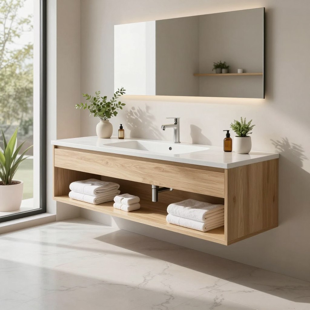 A sleek floating sink vanity showcased in a modern bathroom. The vanity features a minimalist design with clean lines, composed of light wood and white ceramic sink, seamlessly integrated into the wall. Below, open shelves display neatly arranged towels and decorative plants, enhancing the airy feel. The foreground highlights a glossy marble countertop reflecting soft, natural light filtering through a large window in the background. The atmosphere is tranquil and inviting, with a palette of soft neutral tones complemented by touches of greenery. Use a wide-angle lens to capture the spaciousness of the bathroom, ensuring a clear and vibrant lighting that enhances the textures of the materials. Aim for a serene, contemporary vibe, creating an ideal setting for relaxation and modern design appreciation.