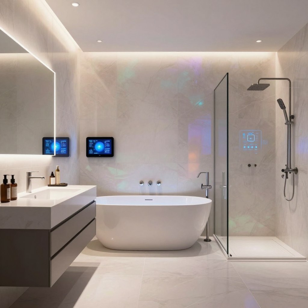 A sleek, futuristic bathroom design featuring innovative smart technology. In the foreground, a minimalist vanity with a mirror displaying touch-sensitive controls for lighting and smart features. The middle ground showcases a luxurious freestanding bathtub with integrated sound and mood-lighting systems, accompanied by a digital shower panel that controls water temperature and pressure. The background reveals wall-mounted smart displays providing information and entertainment, set against a backdrop of elegant, iridescent tiles. Soft, ambient lighting casts a serene glow, enhancing the atmosphere of relaxation and modern convenience. The image is framed with a wide-angle perspective to highlight the spaciousness and high-tech integration, capturing the essence of a transformative high-tech bathroom space.