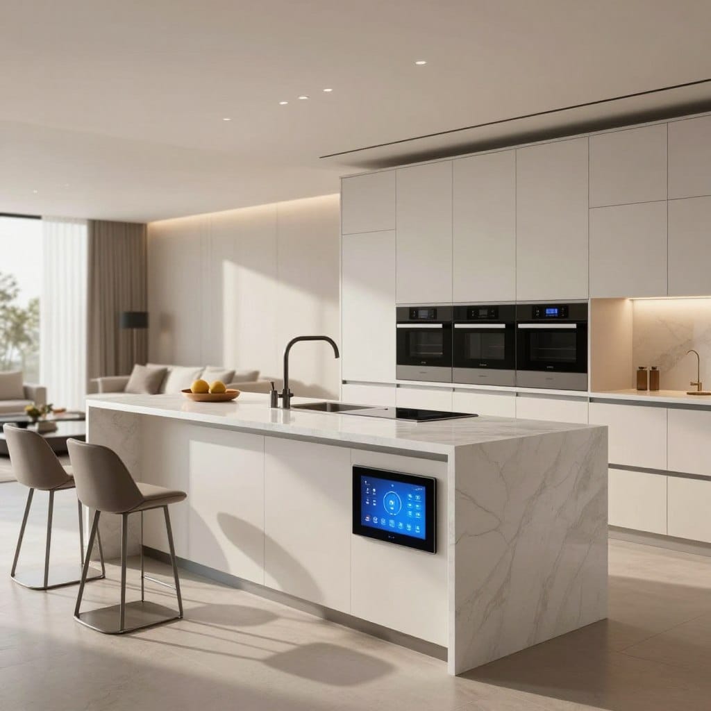 A sleek, high-tech kitchen island at the center of a modern, open-concept kitchen. The island features an integrated touchscreen panel displaying smart home controls, seamlessly blending technology with minimalistic design. The surface is a polished white quartz with elegant clean lines, complemented by smart appliances subtly built into the cabinetry. In the foreground, include stylish bar stools with a contemporary twist. The middle background showcases a spacious living area with neutral-toned furnishings, and warm, natural lighting filters through large windows, casting soft shadows. Use a wide-angle lens to capture the entire scene, creating an inviting, futuristic atmosphere that emphasizes the innovation and functionality of modern home design. The mood should be bright, sophisticated, and contemporary.