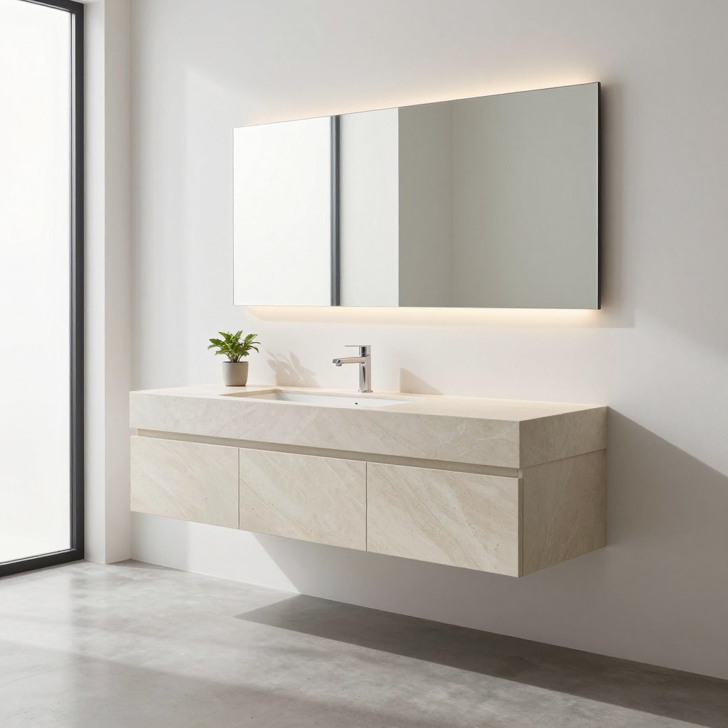 A sleek, minimalist bathroom featuring a single-slab floating vanity as the focal point. The vanity is crafted from a smooth, polished natural stone, showcasing subtle veining, mounted against a clean, white wall. A large, backlit mirror above reflects soft, ambient light, creating a warm and inviting atmosphere. The countertop is adorned with a simple, elegant faucet and a small potted plant for a touch of greenery. The floor is polished concrete, enhancing the modern aesthetic. Natural light streams in through a frosted window, casting gentle shadows and adding depth to the scene. The overall mood is serene, emphasizing sophistication and contemporary design, captured from a low angle to highlight the vanity’s elegant lines and minimalist features.