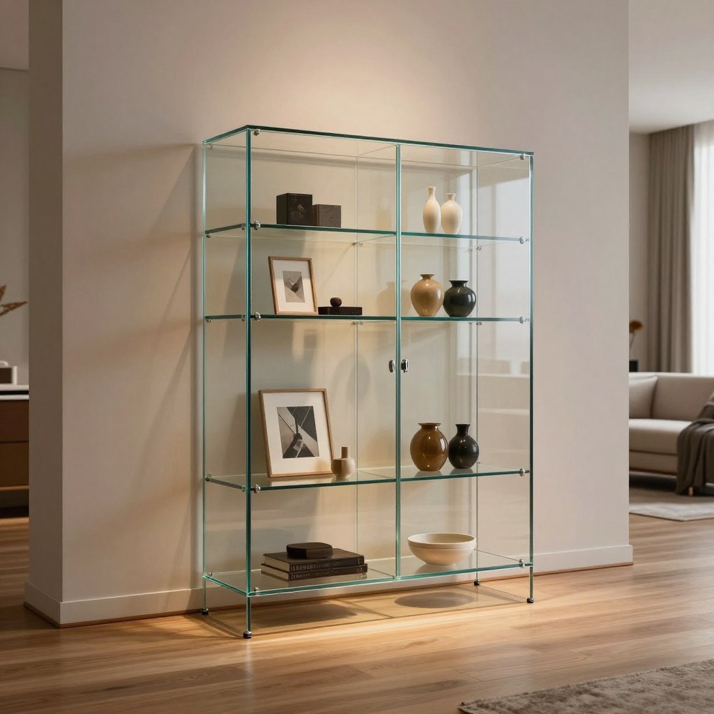 A sleek, minimalist frameless tempered glass curio cabinet stands majestically against a softly illuminated wall in a contemporary living room. The cabinet, designed with sharp lines and no visible hardware, showcases an array of elegant glass shelves filled with tasteful decor items such as art pieces and ceramics. The room is bathed in warm, ambient lighting, casting gentle reflections on the glass surfaces. The foreground features a polished wooden floor, while the middle showcases the cabinet’s stylish form, with its glass panels creating a seamless view of the interior. In the background, soft, neutral-colored furniture hints at a modern aesthetic. The atmosphere is tranquil and sophisticated, embodying contemporary decor with an emphasis on clarity and minimalism. The perspective is eye-level, capturing the cabinet as a striking centerpiece without any people or distractions present. A sleek, minimalist frameless tempered glass curio cabinet stands majestically against a softly illuminated wall in a contemporary living room. The cabinet, designed with sharp lines and no visible hardware, showcases an array of elegant glass shelves filled with tasteful decor items such as art pieces and ceramics. The room is bathed in warm, ambient lighting, casting gentle reflections on the glass surfaces. The foreground features a polished wooden floor, while the middle showcases the cabinet’s stylish form, with its glass panels creating a seamless view of the interior. In the background, soft, neutral-colored furniture hints at a modern aesthetic. The atmosphere is tranquil and sophisticated, embodying contemporary decor with an emphasis on clarity and minimalism. The perspective is eye-level, capturing the cabinet as a striking centerpiece without any people or distractions present.