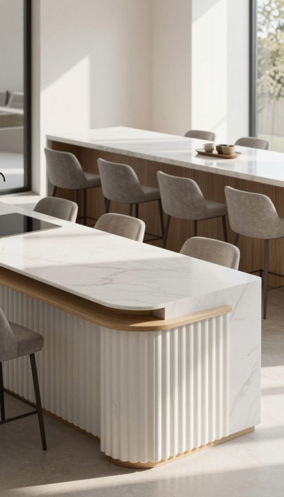 A sleek, minimalist kitchen interior featuring a modern fluted island with integrated seating, designed for entertaining. The island showcases elegant vertical flutes in a soft white marble finish, complemented by understated wooden accents on the seating area. In the foreground, the smooth surface of the island reflects warm natural light streaming through large windows, creating a bright and inviting atmosphere. The middle layer is populated by stylish, high-backed stools, upholstered in soft gray fabric, arranged neatly against the island. In the background, a lightly textured wall subtly contrasts with the island, adorned with minimalistic decor. The entire composition should evoke a sense of sophistication and comfort, perfect for modern luxury living, captured from a slightly elevated angle to emphasize depth and openness.