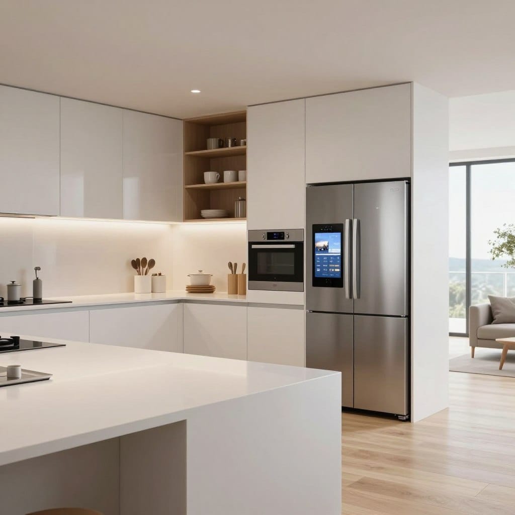 A sleek, minimalist kitchen seamlessly blended with smart home technology. In the foreground, a pristine white countertop houses a subtle, integrated touch control panel for smart appliances. The middle layer showcases high-gloss cabinetry with hidden compartments that conceal kitchen gadgets, maintaining a clean aesthetic. A modern, stainless steel refrigerator features a discreet touchscreen interface. In the background, large windows flood the space with natural light, highlighting light wood flooring and a neutral color palette that exudes luxury. The atmosphere is serene and contemporary, with soft, ambient lighting enhancing the sophisticated design. The angle captures an open layout connecting to the living room, emphasizing the functional harmony of modern living spaces.