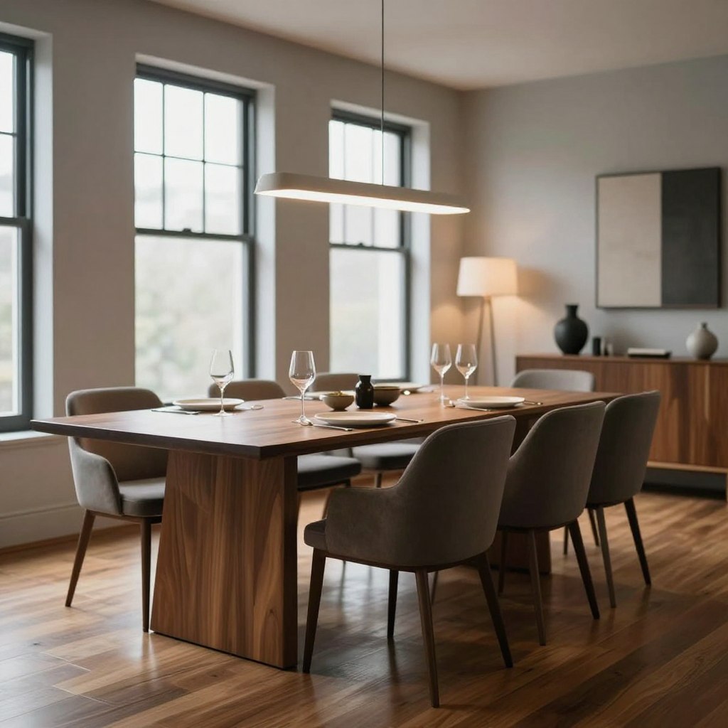 A sleek, minimalist luxury dining room featuring a long, elegant table adorned with simple yet sophisticated tableware. In the foreground, a set of modern, upholstered chairs in muted tones complements the polished wooden table. Layered in the middle ground, large windows allow soft, natural light to flood the space, highlighting the subtle textures of the light grey walls and rich hardwood flooring. The background includes a statement pendant light, casting a warm glow, and a stylish sideboard showcasing curated decorative items. The atmosphere exudes tranquility and refinement, perfect for intimate gatherings. The scene should have a shallow depth of field, with a professionally composed angle, evoking a sense of modern sophistication in a cozy, inviting setting.