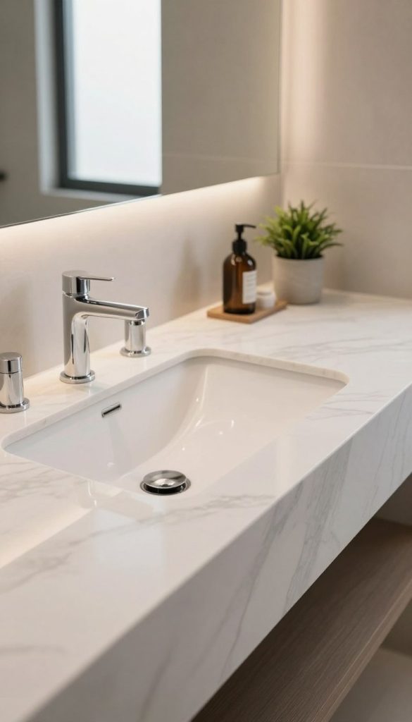 A sleek, modern bathroom featuring an integrated sink countertop seamlessly blending into a minimalist design. The countertop showcases smooth white marble with delicate gray veining, reflecting soft, natural light from strategically placed window panels. In the foreground, a shallow vessel sink smoothly transitions into the countertop, emphasizing the seamless aesthetic. The middle ground includes stylish, chrome faucet fixtures and elegant, organized counter accessories like a soap dispenser and a small potted plant for a touch of greenery. The background boasts neutral-colored walls and complementary tile work, enhancing the clean, luxurious atmosphere. The scene is illuminated with warm, diffused lighting, creating an inviting ambiance that highlights the sophistication and functionality of integrated sink countertops.