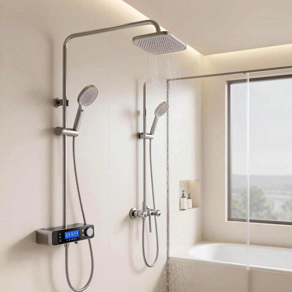 A sleek, modern bathroom featuring high-tech shower fixtures with digital controls prominently displayed. The foreground focuses on an elegant, wall-mounted digital interface with touch-sensitive buttons and a vibrant LCD screen showcasing customizable shower settings. The middle ground displays a luxurious rain showerhead and body jets with a polished chrome finish, glistening under soft, ambient lighting. In the background, the bathroom is styled with minimalistic elements, including smooth white tiles and a large, frosted glass shower enclosure. The entire scene has a serene and futuristic atmosphere, with warm lighting that enhances the high-tech features. Capture this composition from a slight angle to emphasize the intricate details of the fixtures and the overall sophistication of the bathroom design.