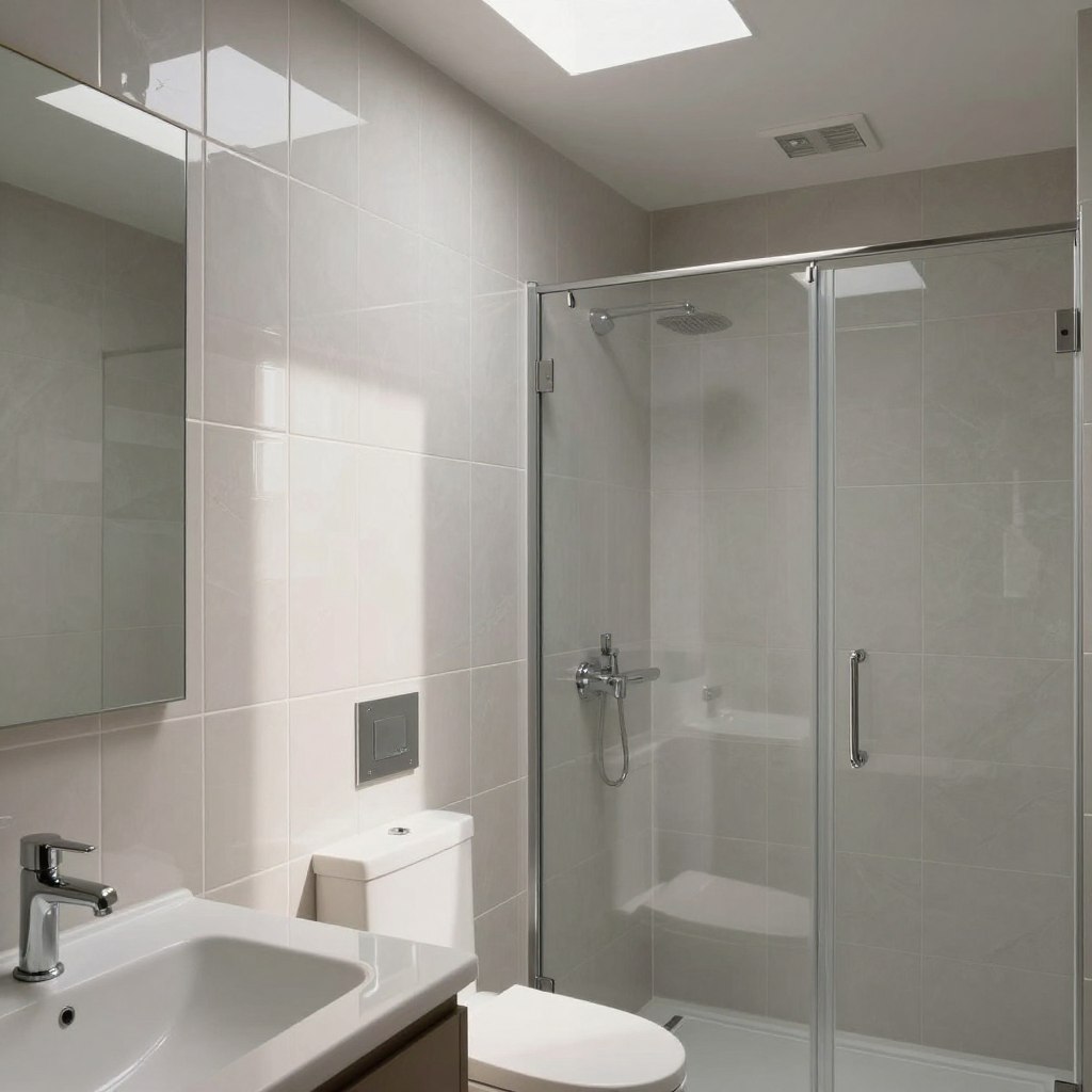 A sleek, modern bathroom showcasing a high-gloss tile finish on one side and a matte finish on the other, arranged in a clear, appealing comparison. The high-gloss tiles reflect soft, natural light from a skylight, emphasizing their smooth surface and luxurious shine, while the matte tiles, positioned adjacent, absorb the light, presenting a sophisticated and subtle elegance. The foreground features polished chrome fixtures and a minimalist vanity, adding a touch of contemporary design. In the background, a tastefully arranged shower with glass doors invites tranquility. The overall atmosphere is serene and upscale, highlighting the contrasts between finishes in a luxury setting. Shot with a wide-angle lens for depth and clarity, soft shadows enhance the stunning details.