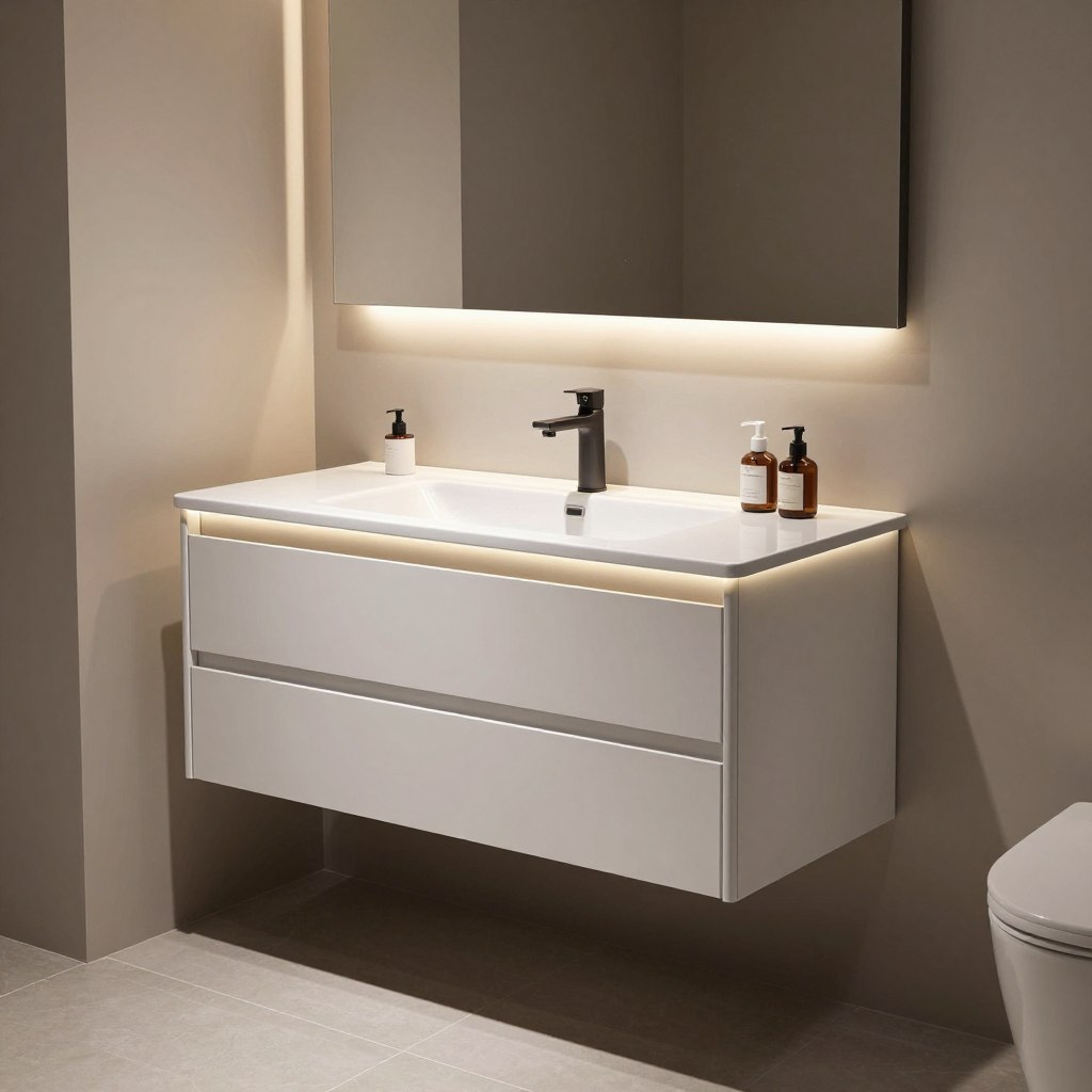 A sleek, modern floating vanity cabinet featuring a minimalist design with clean lines and a glossy finish. The cabinet is equipped with integrated LED lighting that softly casts a warm glow, illuminating the area around a luxurious, undermount sink. The setting is a contemporary bathroom with neutral-toned walls and elegant tile flooring. The foreground showcases the vanity with the sink, reflecting the high-tech design, while the middle ground captures stylish bathroom accessories subtly positioned around the sink. In the background, a large mirror enhances the sense of space, further illuminated by the soft lighting. The overall atmosphere is tranquil and sophisticated, emphasizing modern elegance and functionality.