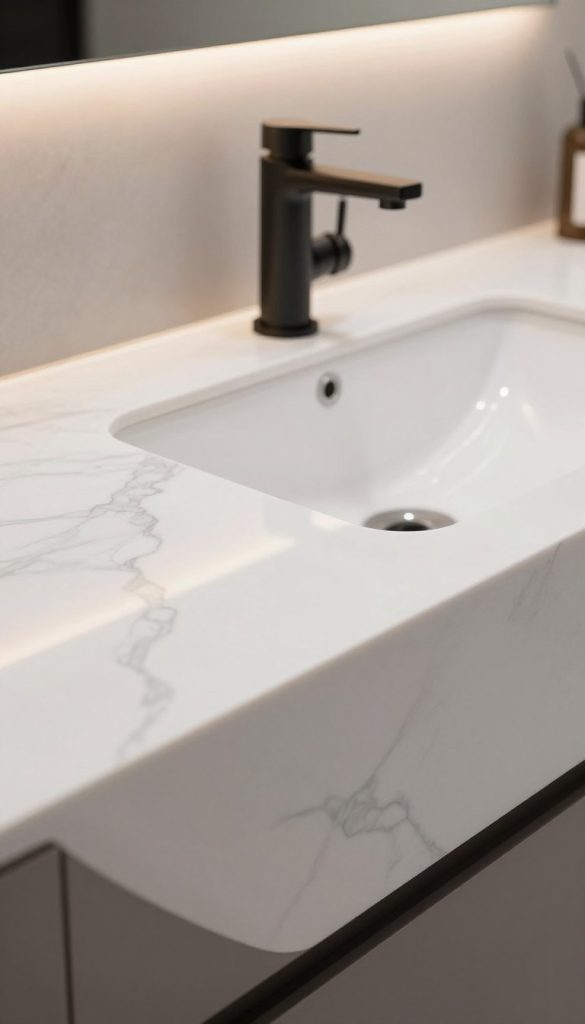 A sleek, modern integrated sink countertop design featuring a minimalist aesthetic with smooth, seamless lines that flow gracefully from the countertop into the sink. The foreground showcases the high-gloss surface of the countertop in a stunning white quartz material, with delicate gray veining for added texture. The middle ground includes a contemporary faucet with a matte black finish, elegantly positioned over the sink, emphasizing functionality and style. In the background, soft, warm lighting casts a gentle glow, creating an inviting atmosphere. The scene is captured with a slightly angled lens, providing depth and dimensionality to the countertop design, while the overall mood conveys luxury and sophistication in modern home aesthetics.