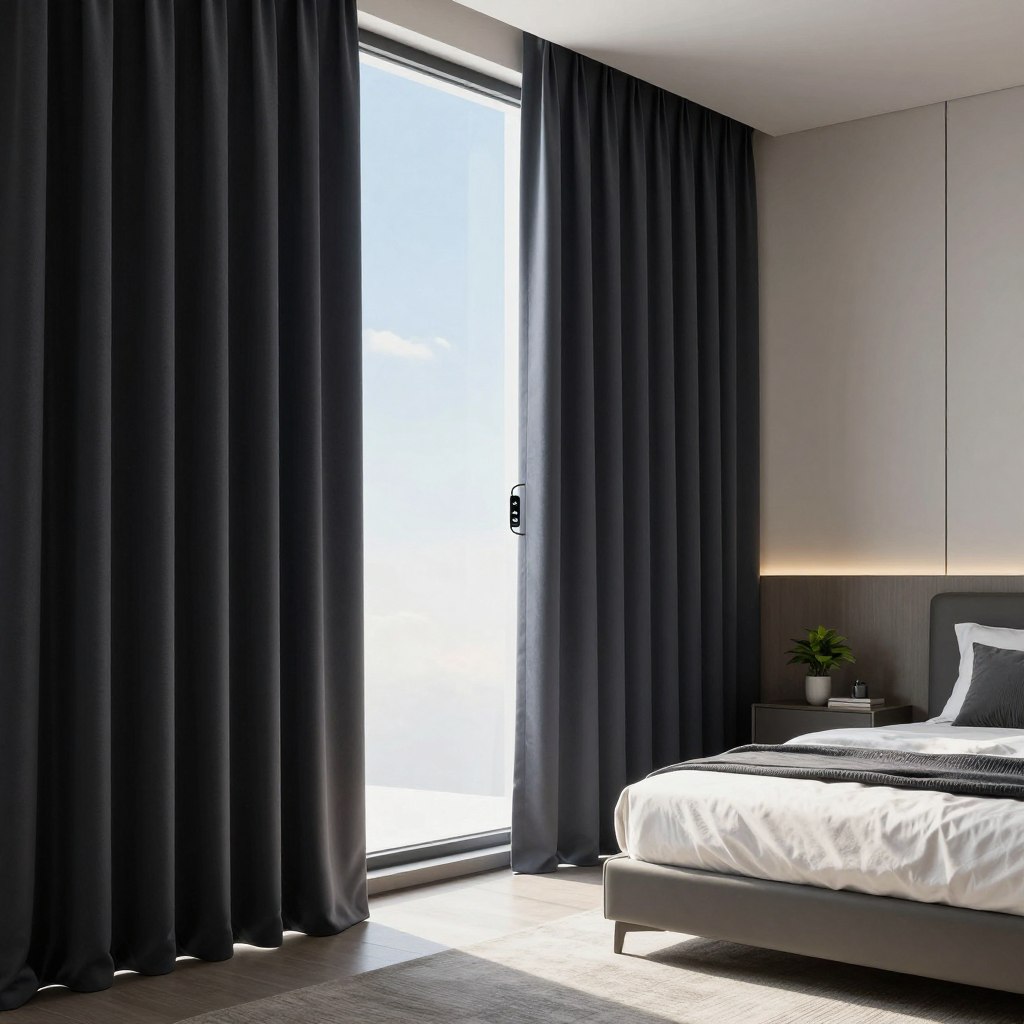A sleek, modern interior featuring a west-facing bedroom with vibrant sunlight spilling through the large window. In the foreground, elegant motorized smart blackout curtains made of rich, dark fabric with a soft sheen, partially drawn to reveal a bright, serene sky outside. The fabric displays a high-tech design with visible control mechanisms subtly integrated into the curtain's structure. In the middle ground, a stylish, minimalist bed with crisp linens and decorative pillows complements the aesthetic. The background highlights tasteful decor, including a contemporary side table and potted plants. Soft, diffused lighting creates a tranquil mood, enhancing the idea of comfort and innovation in home design. The angle captures the curtains' functionality while showcasing their beauty in a sophisticated setting.