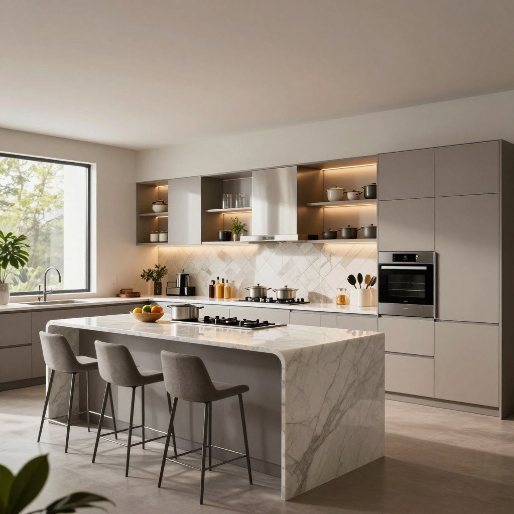 A sleek modern kitchen featuring sophisticated design trends. In the foreground, a central island with a curved silhouette, topped with glossy marble and sleek bar stools. The middle showcases open shelving displaying designer cookware and a stylish backsplash with geometric patterns. Subtle ambient lighting illuminates the space, creating a warm, inviting atmosphere. In the background, large windows allow natural light to flood the room, highlighting high-end stainless steel appliances and minimalist cabinetry. The setting is adorned with lush indoor plants for a touch of freshness. Capture the image from a slightly elevated angle to emphasize the kitchen's spaciousness and modern aesthetic. Aim for a harmonious color palette of soft whites, rich grays, and earth tones for added elegance.