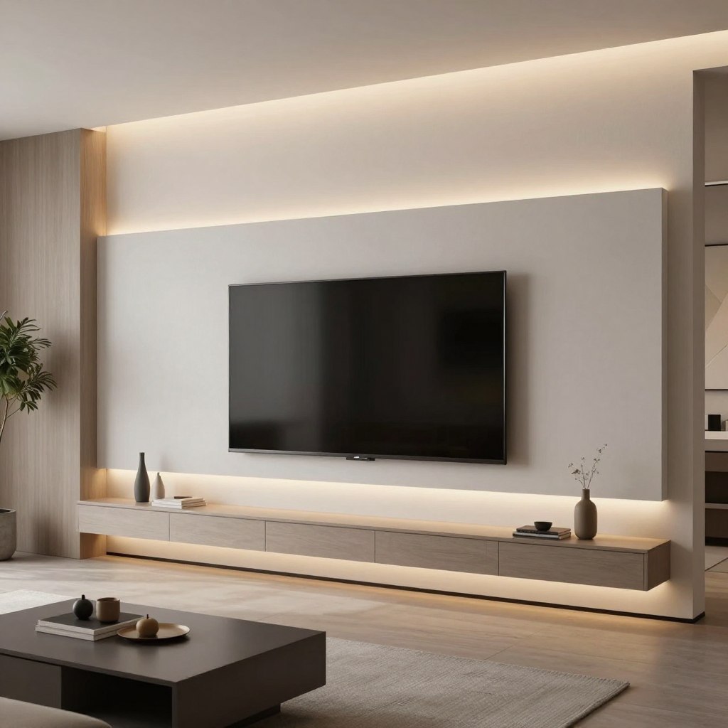 A sleek, modern living room featuring a minimalist floating TV wall mount. The wall mount is elegantly designed with a low-profile aesthetic, prominently displaying a large, slim television. Soft ambient LED backlighting casts a warm glow, enhancing the modern decor and creating a cozy atmosphere. In the foreground, a stylish, low-profile entertainment console sits beneath the TV, adorned with a few carefully placed decorative items. The middle section showcases the clean lines of the floating mount against a textured wall, perhaps in a soft gray or white, enriching the simplicity of the scene. The background includes a muted abstract artwork and a hint of lush indoor plants, adding a touch of nature. The lighting is soft and inviting, creating a serene mood suitable for relaxation.
