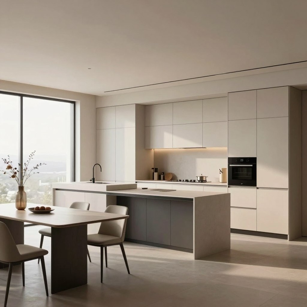 A sleek, modern open kitchen living room featuring minimalist design elements optimized for small spaces. In the foreground, there’s a compact dining table with elegant chairs, and concealed storage units seamlessly integrated into the cabinetry. The middle showcases a multifunctional kitchen island with hidden compartments, showcasing smart organization. Large windows in the background usher in soft, natural light, creating a warm ambiance. The color palette consists of neutral tones and clean lines, enhancing the spacious feel of the room. Use a wide-angle lens perspective to capture the layout and angles, ensuring an airy and inviting atmosphere that emphasizes clever storage solutions in a luxurious, minimalist decor.