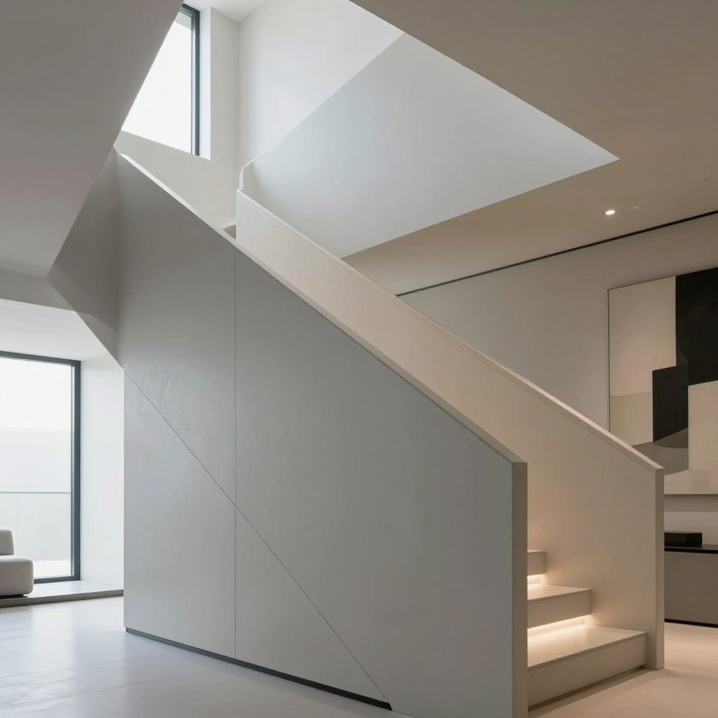A sleek, modern stairwell featuring minimalist geometric wall panel designs, emphasizing sharp lines and subtle textures. The foreground showcases a close-up of a vertically oriented panel, with a smooth matte finish in soft gray tones, accented by gentle lighting that creates soft shadows. The middle section reveals the full stairwell, highlighting a clean white staircase with an elegant handrail, illuminated by natural light filtering through a large window. The background includes an abstract artwork that complements the panel design, enhancing the contemporary feel of the space. The atmosphere is serene and sophisticated, evoking a sense of calm and modernity, perfect for showcasing innovative design ideas in a stylish, well-lit interior space.