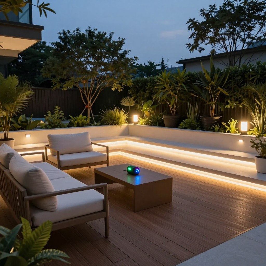 A sleek, modern terrace illuminated by smart outdoor LED lighting, featuring adjustable color temperatures and brightness settings. In the foreground, a stylish wooden deck with minimalist furniture, including a set of comfortable lounge chairs and a small coffee table, all bathed in soft ambient light. The middle ground showcases innovative LED light strips subtly integrated along the deck edges and potted plants, creating a welcoming atmosphere. The background depicts a beautifully landscaped garden with trees and shrubs, subtly highlighted by smart LED fixtures. The scene captures a tranquil evening mood, enhanced by a dusky sky. Use a wide-angle lens to emphasize the entire setup, ensuring a warm, inviting glow is conveyed throughout the composition.