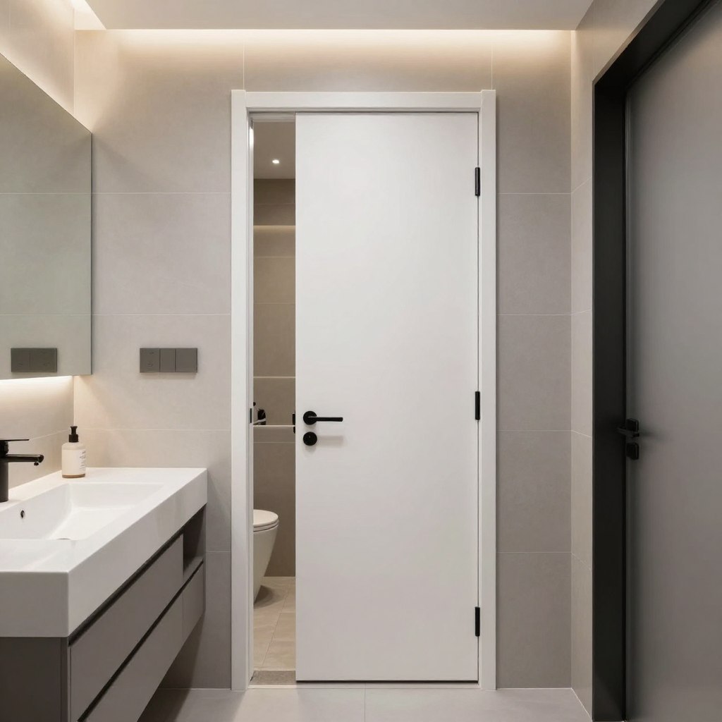 A sleek pocket door is seamlessly integrated into a modern, compact bathroom design, showcasing its space-saving functionality. The door, finished in a smooth white laminate, elegantly slides open to reveal a stylish yet functional interior. In the foreground, minimalistic bathroom fixtures like a chic sink and compact storage solutions are visible, emphasizing efficiency. In the middle, the door is framed by clean, contemporary tiles in soft gray tones, while strategically placed LED lighting illuminates the space, casting a warm, inviting glow. The background features a large mirror enhancing the sense of openness. Use a wide-angle lens perspective to capture the entirety of the small bathroom layout, conveying a sense of modern elegance and clever design choices that maximize the area without sacrificing style.