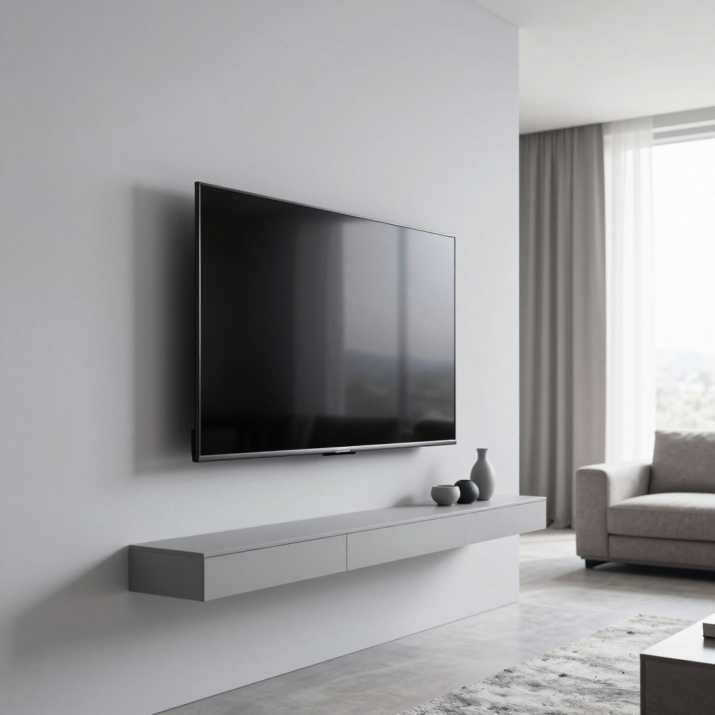 A sleek, ultra-slim TV wall mount affixed to a pale gray wall, showcasing a modern living room designed for contemporary minimalism. In the foreground, a high-definition flat screen TV rests seamlessly on the mount, its glossy surface reflecting ambient light. The middle ground features a minimalist floating shelf below the TV, neatly displaying a few decorative items in monochromatic tones. Soft, diffused natural light filters through a large window, creating a serene and airy atmosphere. The background reveals a simple, elegant sofa in muted colors, complemented by a stylish rug that ties the space together. The overall mood is peaceful and sophisticated, highlighting the functionality and aesthetic appeal of ultra-slim mounting solutions in minimalist design.