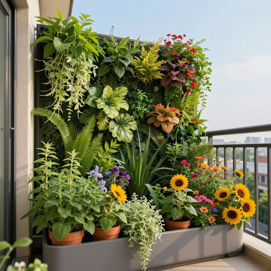 A small balcony adorned with an exquisite vertical garden, bursting with vibrant green plants and colorful flowers. In the foreground, a rich assortment of potted herbs and sunflowers spills over the edges of sleek, modern planters. The middle ground features a stunning wall-mounted garden, showcasing various shades of foliage and trailing vines, creating a lush, tropical ambiance. The background includes an elegant railing with subtle metal accents, under a clear blue sky with soft, diffused sunlight filtering through. The lens captures a cozy, inviting atmosphere, emphasizing tranquility and high-end style in a small space. The angle is slightly elevated, showcasing the beauty of the vertical garden while maintaining the charm of the small balcony setting.
