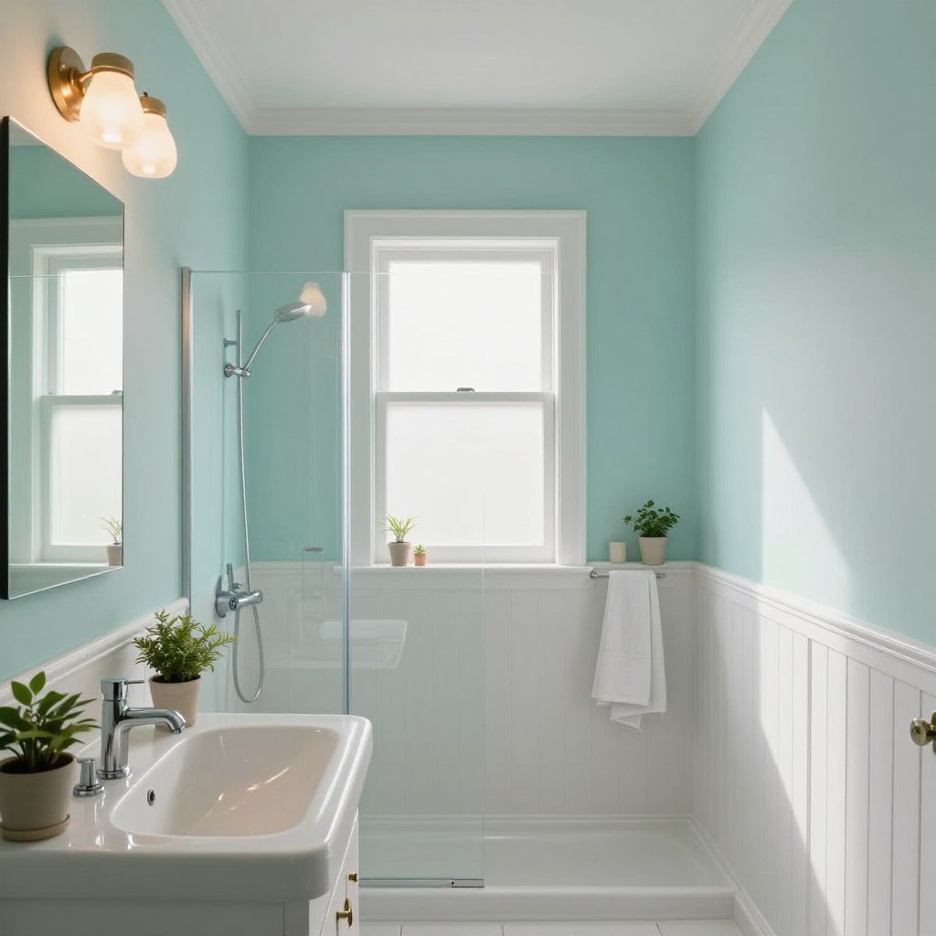 A small bathroom beautifully showcasing a pale, muted aqua color scheme, paired with elegant white wainscoting along the lower half of the walls. The foreground features a sleek, modern sink with a polished chrome faucet, surrounded by small potted plants for a touch of greenery. In the middle, the walls exude a calming atmosphere, while natural light streams in from a frosted window, accentuating the soft aqua hues. The background includes a minimalistic shower with glass doors and tasteful accessories, such as neatly arranged towels and a stylish mirror reflecting the serene color palette. The overall mood is tranquil and spacious, enhanced by warm lighting that creates a cozy yet airy feel. The perspective is flat, capturing the entire room without any human subjects, ensuring a peaceful and inviting ambiance. A small bathroom beautifully showcasing a pale, muted aqua color scheme, paired with elegant white wainscoting along the lower half of the walls. The foreground features a sleek, modern sink with a polished chrome faucet, surrounded by small potted plants for a touch of greenery. In the middle, the walls exude a calming atmosphere, while natural light streams in from a frosted window, accentuating the soft aqua hues. The background includes a minimalistic shower with glass doors and tasteful accessories, such as neatly arranged towels and a stylish mirror reflecting the serene color palette. The overall mood is tranquil and spacious, enhanced by warm lighting that creates a cozy yet airy feel. The perspective is flat, capturing the entire room without any human subjects, ensuring a peaceful and inviting ambiance.