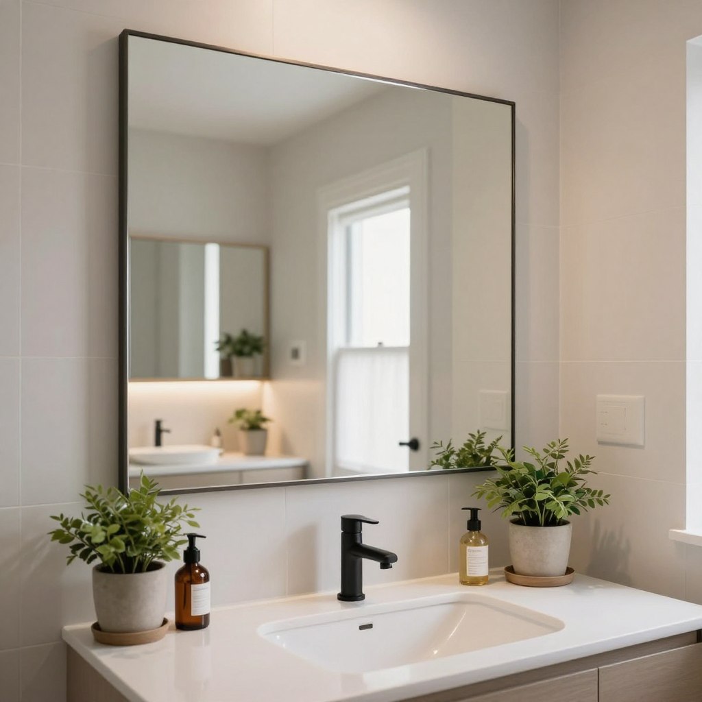 A small bathroom design showcasing a large, strategically placed mirror that reflects light and creates an illusion of space. In the foreground, include a sleek, modern sink with a minimalist faucet, surrounded by tasteful decor like potted plants and elegant toiletries. The middle ground features a spacious mirror, framed in a contemporary style, enhancing the room's brightness and depth. Behind, soft, neutral-colored tiles and a well-lit vanity area with warm lighting perfect for making the space feel inviting. Aim for a soft, natural daylight ambiance, captured from a corner angle to emphasize the mirror’s effect. The atmosphere should be serene and stylish, ideal for inspiring small bathroom renovations.