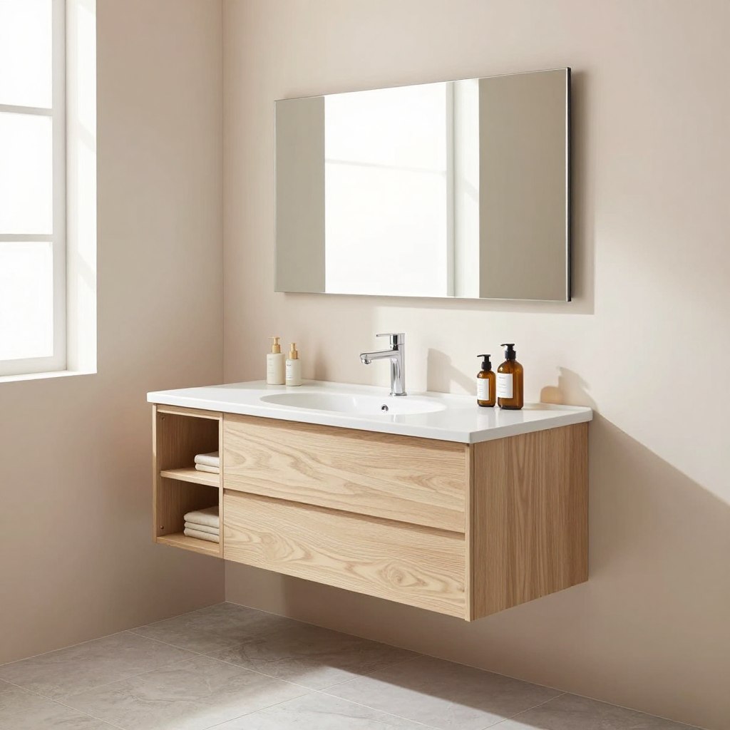 A small bathroom featuring a sleek floating vanity that enhances the illusion of space. The vanity, crafted from light-colored wood, is mounted above a stylish tile floor, showcasing clean lines and minimalistic design. In the foreground, the vanity has a modern round sink with a polished chrome faucet, neatly arranged with elegant toiletries. The middle section includes a large mirror above the vanity, reflecting bright, natural light from a nearby window, creating an airy atmosphere. The background reveals soft pastel-painted walls, complementing the vanity and maximizing brightness. The overall mood is serene and contemporary, with well-organized storage underneath the vanity. The composition is shot from an angled viewpoint at eye level, focusing on the vanity and the spacious layout, highlighting the tranquil and open feel of the small bathroom.
