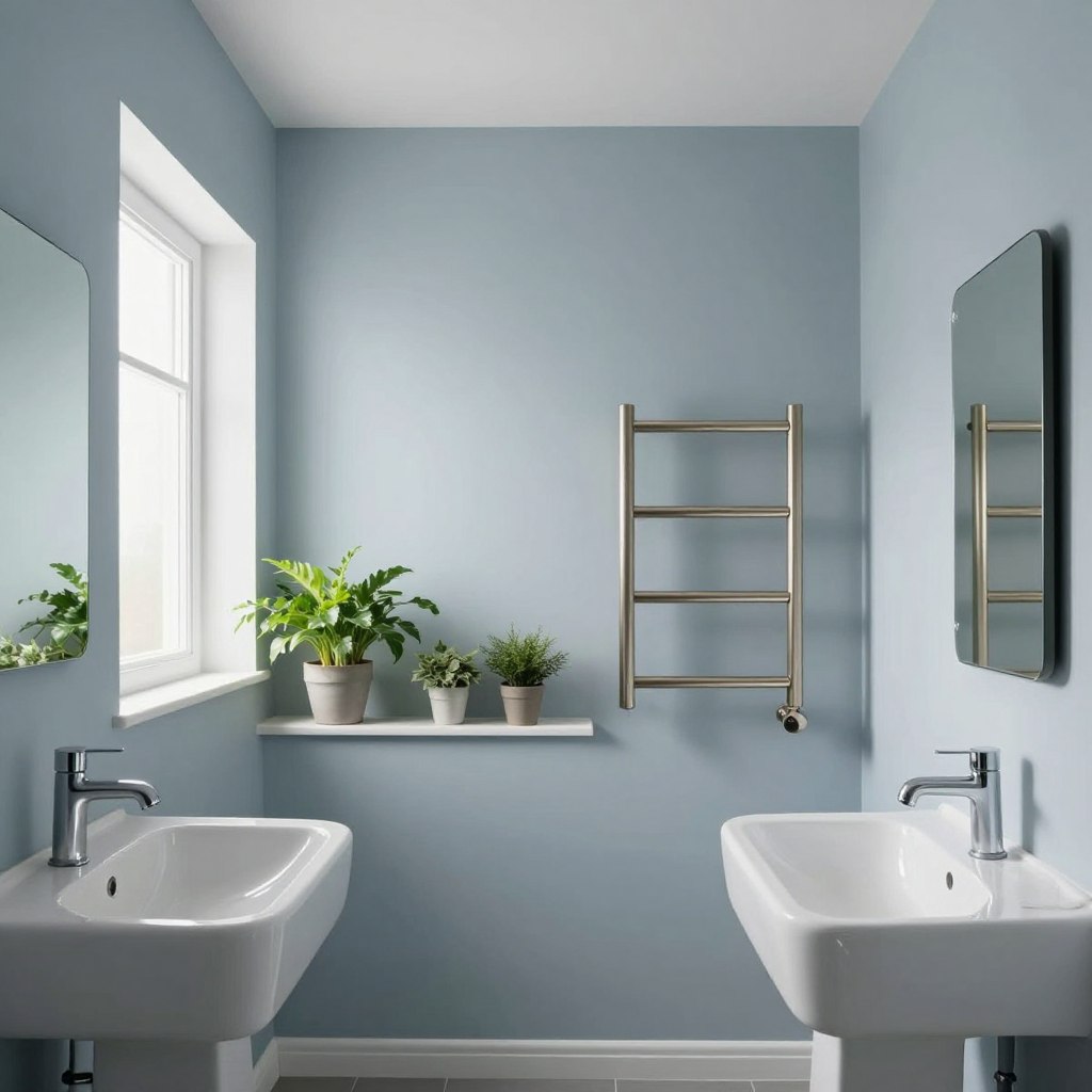 A small bathroom interior featuring soothing icy blue-gray paint on the walls, creating a tranquil atmosphere. In the foreground, include modern bathroom fixtures like a sleek white sink and a stylish, minimalist mirror that reflects the calming color. The middle ground should showcase elegant accents, such as brushed nickel towel bars and a neatly arranged collection of fresh green plants that add a touch of vibrancy. In the background, soft natural light pours in from a frosted window, enhancing the cool tones and making the space feel airy and expansive. Use a wide-angle lens to capture the entirety of this cozy yet stylish bathroom, evoking a sense of serenity and spaciousness, perfect for showcasing modern small space design. A small bathroom interior featuring soothing icy blue-gray paint on the walls, creating a tranquil atmosphere. In the foreground, include modern bathroom fixtures like a sleek white sink and a stylish, minimalist mirror that reflects the calming color. The middle ground should showcase elegant accents, such as brushed nickel towel bars and a neatly arranged collection of fresh green plants that add a touch of vibrancy. In the background, soft natural light pours in from a frosted window, enhancing the cool tones and making the space feel airy and expansive. Use a wide-angle lens to capture the entirety of this cozy yet stylish bathroom, evoking a sense of serenity and spaciousness, perfect for showcasing modern small space design.