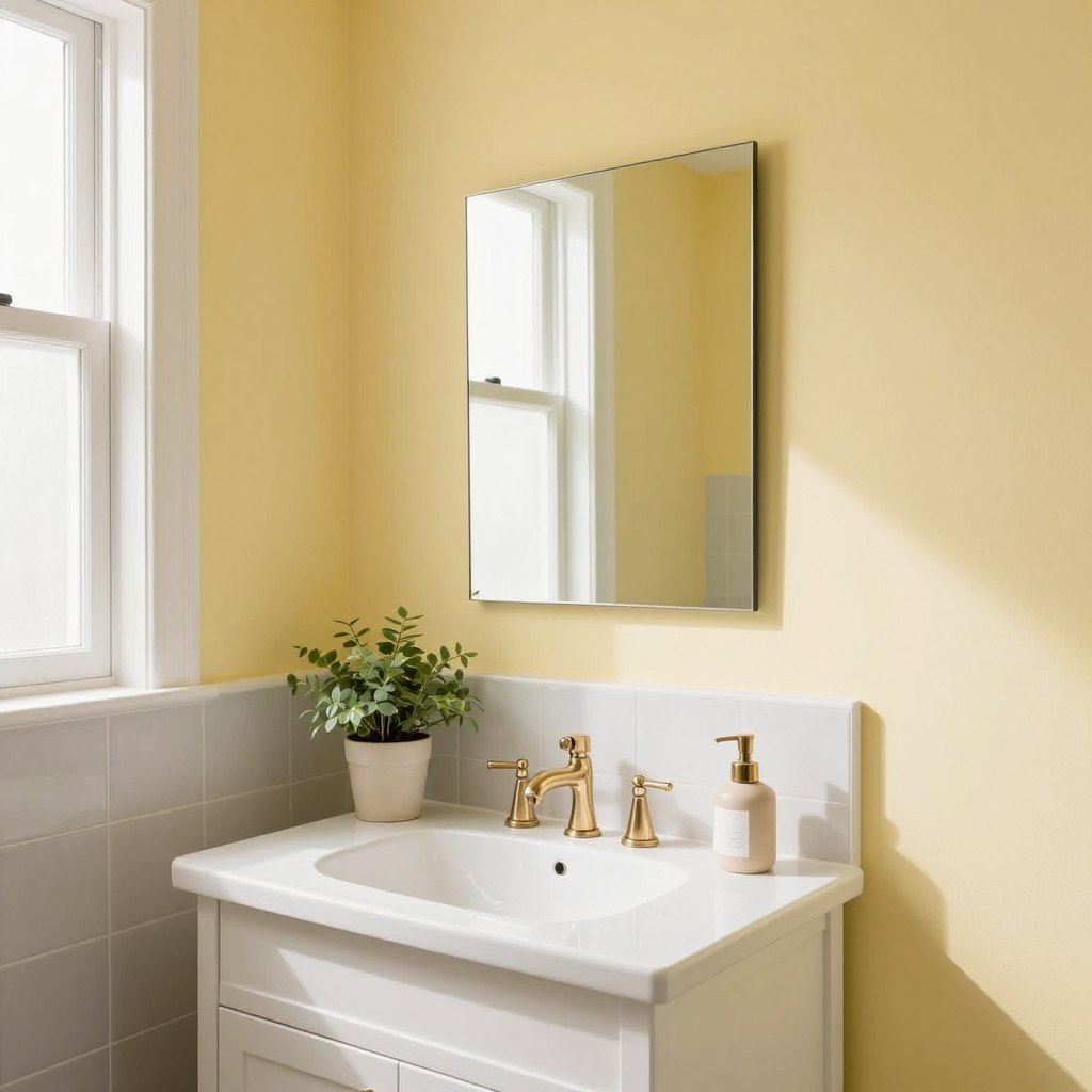 A small, elegant bathroom showcasing walls painted in a pale buttery yellow, creating a warm and inviting atmosphere. The foreground features a stylish white vanity with brushed nickel fixtures, adorned with a small potted plant for a touch of greenery. In the middle, a well-lit mirror hangs above the vanity, reflecting the soft yellow hue and enhancing the space's brightness. The background includes tasteful ceramic tiles in subtle shades of grey, complementing the yellow walls. Natural light pours in from a frosted window, casting soft shadows and highlighting the smooth paint finish. The overall mood is calm and soothing, perfect for a sanctuary-like small bathroom. The image captures the essence of airy elegance, ideal for illustrating a refreshing color choice. A small, elegant bathroom showcasing walls painted in a pale buttery yellow, creating a warm and inviting atmosphere. The foreground features a stylish white vanity with brushed nickel fixtures, adorned with a small potted plant for a touch of greenery. In the middle, a well-lit mirror hangs above the vanity, reflecting the soft yellow hue and enhancing the space's brightness. The background includes tasteful ceramic tiles in subtle shades of grey, complementing the yellow walls. Natural light pours in from a frosted window, casting soft shadows and highlighting the smooth paint finish. The overall mood is calm and soothing, perfect for a sanctuary-like small bathroom. The image captures the essence of airy elegance, ideal for illustrating a refreshing color choice.