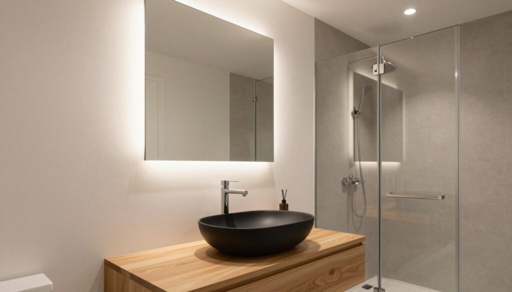 A small, modern bathroom designed with elevated minimalist fixture finishes. In the foreground, a sleek vessel sink made of matte black ceramic sits atop a floating wooden vanity, with minimalistic chrome faucet. The middle ground features a large, frameless wall mirror reflecting soft, ambient lighting from recessed ceiling fixtures. In the background, a walk-in shower with clear glass doors showcases elegant gray tiling and a rainfall showerhead. The overall color palette consists of soft whites, muted grays, and natural wood accents, creating a serene and sophisticated atmosphere. The scene is illuminated with warm, diffused lighting, enhancing the inviting mood. The angle is a slightly elevated view, capturing the full layout while highlighting the clean lines and stylish simplicity of the bathroom design. A small, modern bathroom designed with elevated minimalist fixture finishes. In the foreground, a sleek vessel sink made of matte black ceramic sits atop a floating wooden vanity, with minimalistic chrome faucet. The middle ground features a large, frameless wall mirror reflecting soft, ambient lighting from recessed ceiling fixtures. In the background, a walk-in shower with clear glass doors showcases elegant gray tiling and a rainfall showerhead. The overall color palette consists of soft whites, muted grays, and natural wood accents, creating a serene and sophisticated atmosphere. The scene is illuminated with warm, diffused lighting, enhancing the inviting mood. The angle is a slightly elevated view, capturing the full layout while highlighting the clean lines and stylish simplicity of the bathroom design.