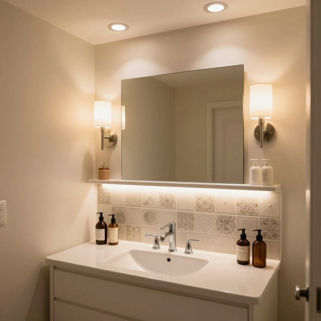 A small, modern bathroom featuring layered and strategic lighting to enhance its design. In the foreground, a sleek, white vanity with polished chrome fixtures and neatly arranged toiletries. The middle layer showcases warm, adjustable LED strip lights placed under the floating shelves, reflecting off elegant ceramic tiles. A combination of recessed ceiling lights and sconces flanks a stylish mirror, casting a soft glow. The background reveals light-colored walls with minimal decor, creating an airy feel. The atmosphere is calm and inviting, emphasized by the warm lighting that highlights textures and colors. The lens captures the scene from a slightly elevated angle, showcasing the effective use of space and illumination in a compact setting. A small, modern bathroom featuring layered and strategic lighting to enhance its design. In the foreground, a sleek, white vanity with polished chrome fixtures and neatly arranged toiletries. The middle layer showcases warm, adjustable LED strip lights placed under the floating shelves, reflecting off elegant ceramic tiles. A combination of recessed ceiling lights and sconces flanks a stylish mirror, casting a soft glow. The background reveals light-colored walls with minimal decor, creating an airy feel. The atmosphere is calm and inviting, emphasized by the warm lighting that highlights textures and colors. The lens captures the scene from a slightly elevated angle, showcasing the effective use of space and illumination in a compact setting.