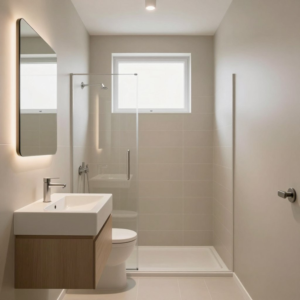 A small modern bathroom showcasing warm, pale greige paint on the walls, reminiscent of Behr's "Accessible Beige." In the foreground, sleek, contemporary fixtures like a wall-mounted sink with a minimalist faucet and a stylish mirror with soft, ambient lighting. The middle layer features a compact shower area with elegant tiles that complement the greige hue, accented by white and light wood elements. The background includes natural light streaming in through a frosted window, creating a bright and inviting atmosphere. The overall mood is serene and sophisticated, with a focus on maximizing the sense of space in the cleverly designed layout. The camera angle captures the entire room, emphasizing its modern aesthetics and cozy feel. A small modern bathroom showcasing warm, pale greige paint on the walls, reminiscent of Behr's "Accessible Beige." In the foreground, sleek, contemporary fixtures like a wall-mounted sink with a minimalist faucet and a stylish mirror with soft, ambient lighting. The middle layer features a compact shower area with elegant tiles that complement the greige hue, accented by white and light wood elements. The background includes natural light streaming in through a frosted window, creating a bright and inviting atmosphere. The overall mood is serene and sophisticated, with a focus on maximizing the sense of space in the cleverly designed layout. The camera angle captures the entire room, emphasizing its modern aesthetics and cozy feel.