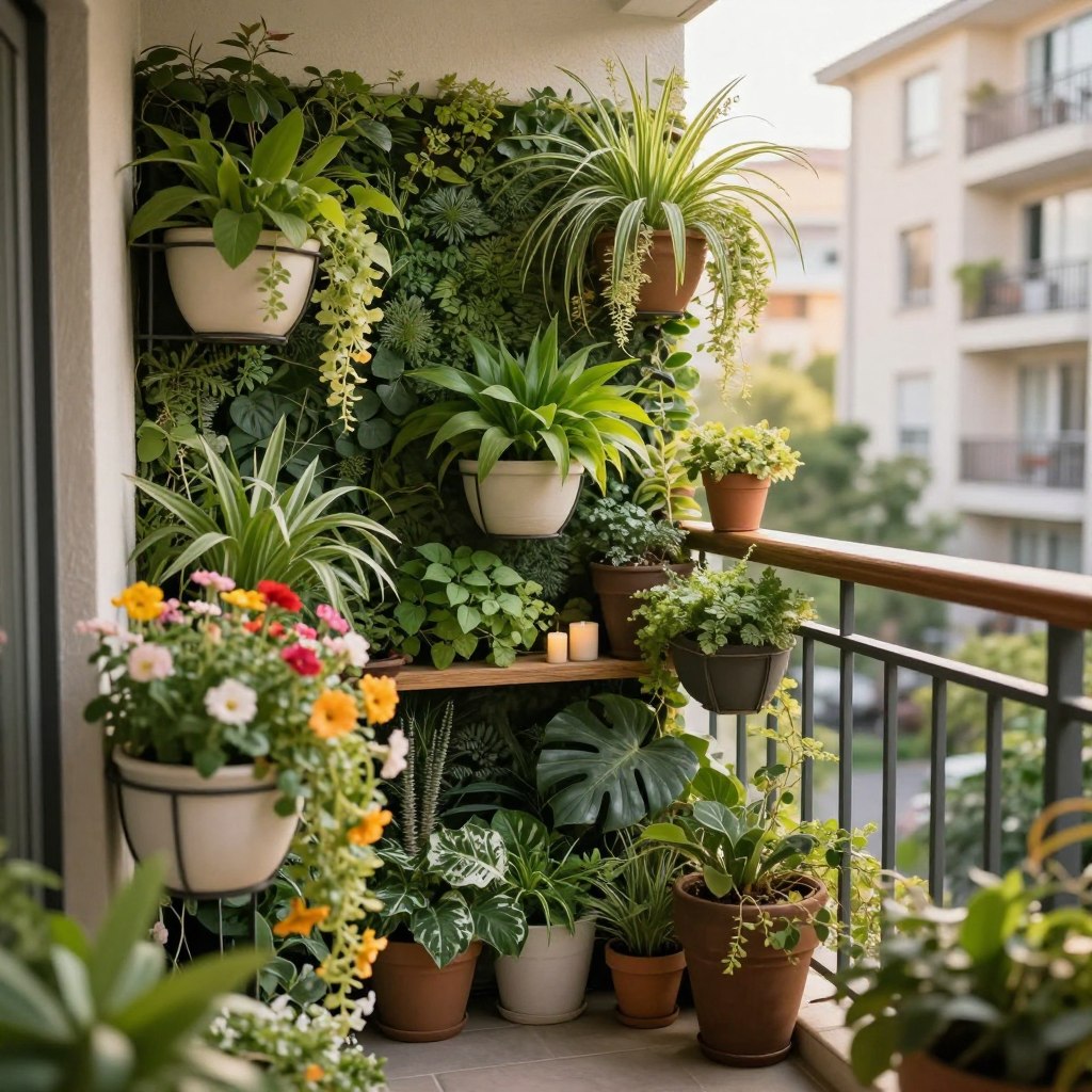 A small urban balcony transformed into a vertical garden oasis, featuring an array of lush green plants thriving in elegant hanging and wall-mounted planters. The foreground showcases vibrant flowers cascading from the planters, while various leafy greens and herbs create a rich texture on a living wall backdrop. In the middle, a sleek wooden railing complements the greenery, and tasteful decorative elements like small candles and decorative pots can be seen. The background reveals a soft-focus view of an apartment building, bathed in warm, natural sunlight creating a cozy atmosphere. The perspective captures the entire scene from a slightly elevated angle, emphasizing the abundance of greenery, designed to evoke a tranquil, chic vibe perfect for urban living.