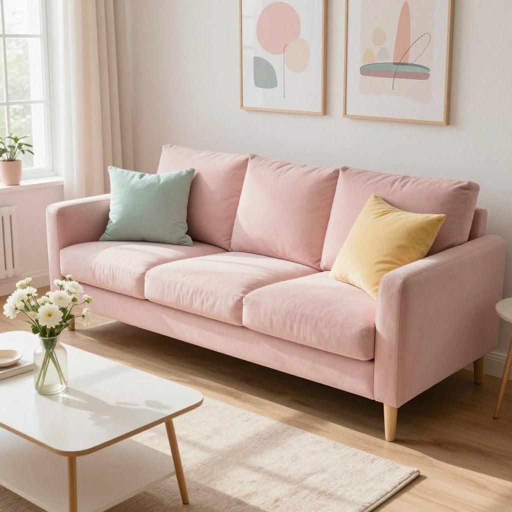 A softly lit living room showcasing pastel aesthetics, featuring a plush light pink sofa adorned with pastel-colored cushions in mint green, lavender, and buttery yellow. In the foreground, a cozy coffee table with a delicate vase of fresh white flowers complements the scene. The middle section reveals a stylish rug in soft beige, contrasting with the light wooden flooring. A large window in the background allows natural light to flood the space, enhancing the serene ambiance. Gentle, diffused sunlight casts soft shadows, illuminating the delicate wall art featuring abstract pastel designs. The atmosphere is calm and inviting, embodying the essence of soft living room aesthetics. The image should have a warm, cozy vibe, and be captured from a slightly elevated angle to provide a comprehensive view of the inviting space.
