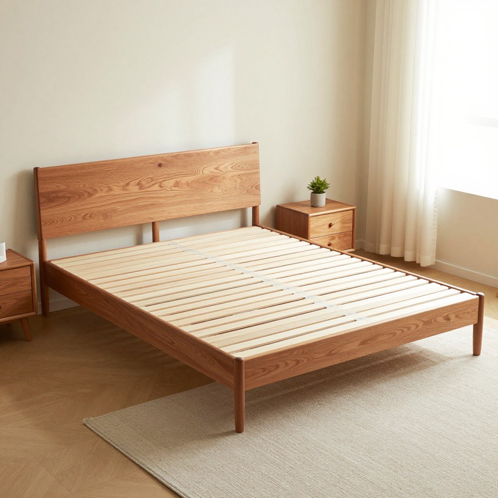 A solid walnut slatted platform bed, showcasing a minimalist design with clean lines and natural wood grain, takes center stage. The bed frame features horizontal slats and a low-profile design, emphasizing its sleek silhouette. Surrounding the bed, a softly lit, airy bedroom creates a serene atmosphere, with pale-colored walls and gentle natural light streaming in from a nearby window, casting soft shadows. An elegant bedside table with a small potted plant adds a touch of greenery, complementing the warm tones of the walnut. The camera angle is slightly elevated, capturing both the bed and a cozy rug beneath it, enhancing the inviting feel of the room. Overall, the composition exudes tranquility, perfect for a minimalist aesthetic. A solid walnut slatted platform bed, showcasing a minimalist design with clean lines and natural wood grain, takes center stage. The bed frame features horizontal slats and a low-profile design, emphasizing its sleek silhouette. Surrounding the bed, a softly lit, airy bedroom creates a serene atmosphere, with pale-colored walls and gentle natural light streaming in from a nearby window, casting soft shadows. An elegant bedside table with a small potted plant adds a touch of greenery, complementing the warm tones of the walnut. The camera angle is slightly elevated, capturing both the bed and a cozy rug beneath it, enhancing the inviting feel of the room. Overall, the composition exudes tranquility, perfect for a minimalist aesthetic.