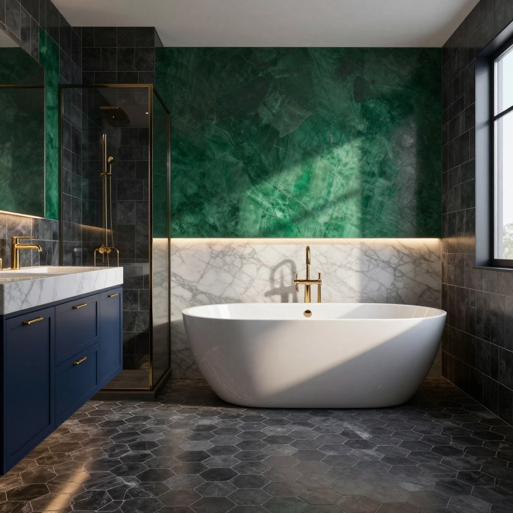 A sophisticated bathroom design featuring a stunning dark tile theme that combines charcoal, navy, and emerald hues. In the foreground, beautiful hexagonal charcoal tiles line the floor, creating an elegant foundation. The middle layer showcases striking emerald green accent walls with rich textures, complemented by navy cabinetry with sleek gold fixtures. A modern freestanding tub rests against a backlit marble wall, reflecting sophisticated shadows. Soft, ambient lighting creates a warm and inviting atmosphere, casting gentle highlights across the tiles. The background reveals a stylishly frameless shower enclosure, with dark glass and minimalist hardware, enhancing the dramatic effect of the color palette. The overall mood is luxurious and serene, perfect for a calm retreat.