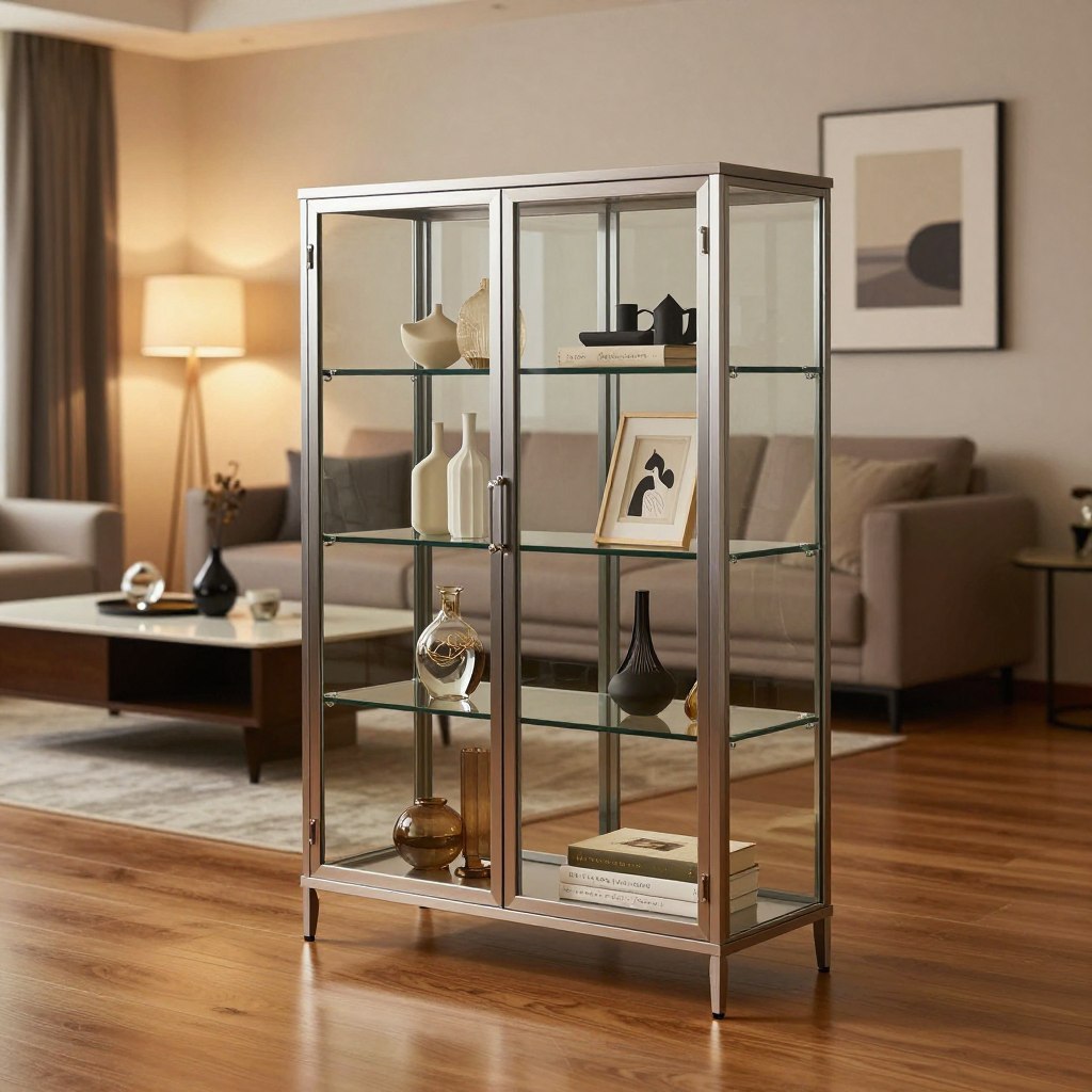 A sophisticated double door glass display cabinet with adjustable shelving, placed prominently in a modern living room. The cabinet features sleek metal handles and clear glass panels showcasing decorative items like curated vases, art pieces, and books. In the foreground, the cabinet rests on a polished wooden floor. The middle ground includes a minimalistic coffee table adorned with a stylish centerpiece next to the cabinet, while the background highlights a contemporary sofa and clean-lined artwork on the walls. Soft, ambient lighting casts a warm glow, creating an inviting atmosphere. The image is captured at a slight angle to emphasize depth, using a shallow depth of field to softly blur the background, focusing attention on the elegant cabinet and its contents.