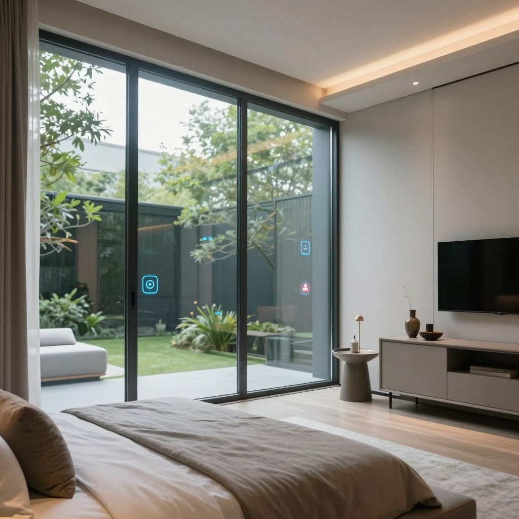 A sophisticated glass bedroom interior featuring sleek smart window films that adjust transparency. In the foreground, a modern bed dressed in soft, neutral linens against a large glass wall that allows natural light to flood the space. The middle ground features minimalistic furniture—a stylish nightstand and a contemporary dresser with elegant decor items. In the background, lush greenery can be seen through the glass, creating a tranquil atmosphere. Soft, diffused lighting enhances the serene mood, with additional warm light fixtures providing a cozy glow. The scene is captured with a slightly elevated angle, emphasizing both the luxurious aesthetic and the innovative use of smart glass, showcasing elegance and privacy in a fashionable setting. A sophisticated glass bedroom interior featuring sleek smart window films that adjust transparency. In the foreground, a modern bed dressed in soft, neutral linens against a large glass wall that allows natural light to flood the space. The middle ground features minimalistic furniture—a stylish nightstand and a contemporary dresser with elegant decor items. In the background, lush greenery can be seen through the glass, creating a tranquil atmosphere. Soft, diffused lighting enhances the serene mood, with additional warm light fixtures providing a cozy glow. The scene is captured with a slightly elevated angle, emphasizing both the luxurious aesthetic and the innovative use of smart glass, showcasing elegance and privacy in a fashionable setting.
