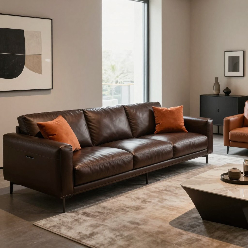 A sophisticated interior scene showcasing modern leather furniture in a chic living room. In the foreground, there is a sleek, low-profile dark brown leather sofa with minimalistic design, accented by plush, vibrant cushions. To the right, a stylish leather armchair complements the sofa, while a geometric coffee table sits atop a soft area rug. The middle ground features a large window allowing natural light to illuminate the space, creating gentle shadows. In the background, minimalist decor including abstract art on light-colored walls enhances the modern aesthetic. The atmosphere is warm and inviting, with a slight hint of elegance. Use soft, diffused lighting to evoke a serene mood, captured from a slightly elevated angle to highlight the stylish furniture arrangement.