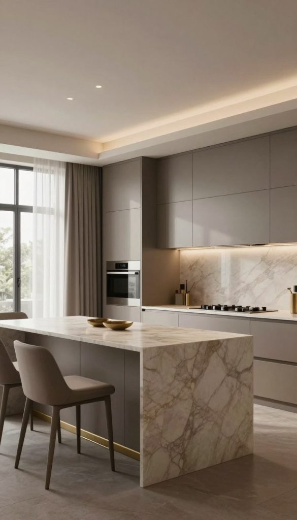A sophisticated kitchen interior featuring a harmonious combination of greige and taupe color schemes. In the foreground, a sleek, modern kitchen island with a polished marble countertop in soft beige tones, surrounded by minimalist bar stools in taupe upholstery. The middle ground showcases elegant cabinetry with a mix of matte greige and glossy taupe finishes, highlighted with subtle brass hardware. The background displays a large window, letting in soft, natural light that enhances the airy atmosphere, with sheer curtains gently swaying. The lighting is warm and inviting, creating a cozy yet sophisticated mood. Use a wide-angle lens to capture the spacious layout, emphasizing the seamless integration of colors and textures throughout the design. The overall aesthetic is chic, modern, and timeless.