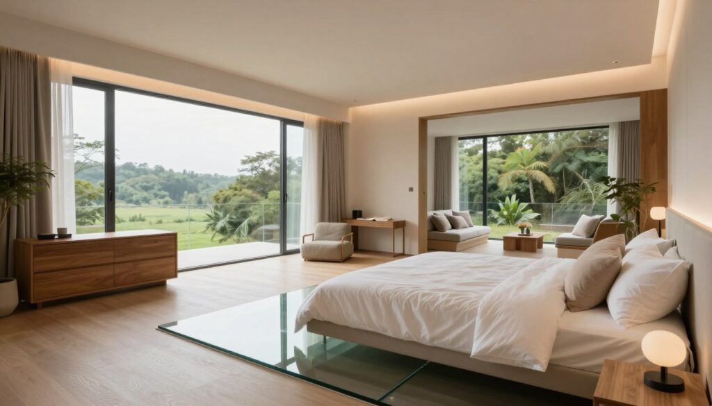 A spacious, airy bedroom featuring a floating glass platform bed that seamlessly merges elegance and modern design. In the foreground, the bed is adorned with crisp white linens and soft pastel pillows, accentuated by a minimalist headboard that blends with the glass structure. The middle of the room showcases a stylish open layout with a tasteful arrangement of furniture, including a sleek wooden dresser and a cozy reading nook by a large window. In the background, expansive floor-to-ceiling windows flood the space with natural light, providing a serene view of a lush green landscape outside. The room has warm, soft lighting that creates a peaceful atmosphere, emphasizing the reflective quality of the glass and enhancing the feeling of spaciousness. The angle is slightly elevated, capturing the full essence of the room's design and its inviting mood.