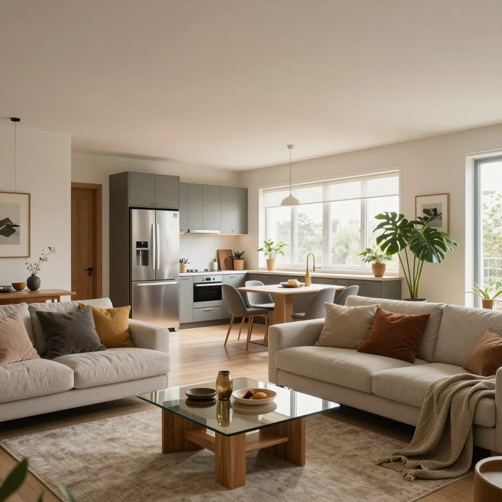 A spacious and stylish living room within a small open concept layout, featuring a cozy seating area with a modern sectional sofa adorned with accent pillows. The foreground includes a sleek coffee table made of wood and glass, surrounded by tasteful decor. In the middle, the kitchen area is showcased with contemporary cabinets, stainless steel appliances, and a small dining table with minimalist chairs, emphasizing functionality. The background reveals large windows letting in ample natural light, creating a bright and airy atmosphere. The walls are painted in soft, neutral tones and complemented by indoor plants for a touch of greenery. The scene is captured with a warm, inviting lighting setup from overhead fixtures, emphasizing the comfortable and modern aesthetic, using a slightly angled perspective to highlight the spaciousness.