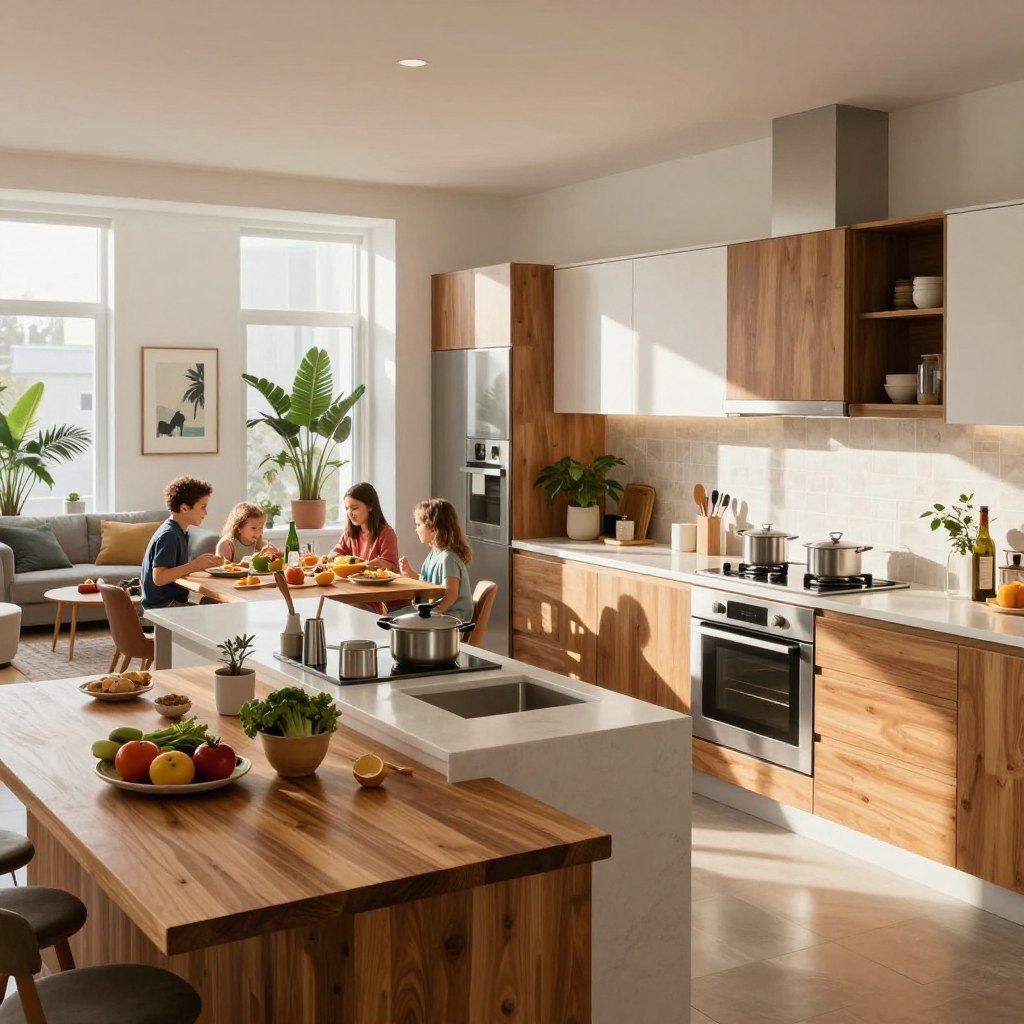 A spacious, family-friendly U-shaped kitchen layout, designed for a modern apartment, featuring a central island with bar seating. In the foreground, a polished wooden counter showcases fresh ingredients and cooking utensils. The middle section reveals sleek cabinetry with a mix of white and warm wood tones, complemented by stainless steel appliances. Sunlight pours in through a large window, creating a bright and inviting atmosphere. A cozy dining area, seamlessly connected to the kitchen, includes a wooden table set for a family meal, surrounded by tasteful decor elements like potted plants and art pieces. In the background, the living area is visible, with comfortable seating and a contemporary feel. The scene conveys a warm, functional, and stylish ambiance, perfect for family gatherings. A spacious, family-friendly U-shaped kitchen layout, designed for a modern apartment, featuring a central island with bar seating. In the foreground, a polished wooden counter showcases fresh ingredients and cooking utensils. The middle section reveals sleek cabinetry with a mix of white and warm wood tones, complemented by stainless steel appliances. Sunlight pours in through a large window, creating a bright and inviting atmosphere. A cozy dining area, seamlessly connected to the kitchen, includes a wooden table set for a family meal, surrounded by tasteful decor elements like potted plants and art pieces. In the background, the living area is visible, with comfortable seating and a contemporary feel. The scene conveys a warm, functional, and stylish ambiance, perfect for family gatherings.