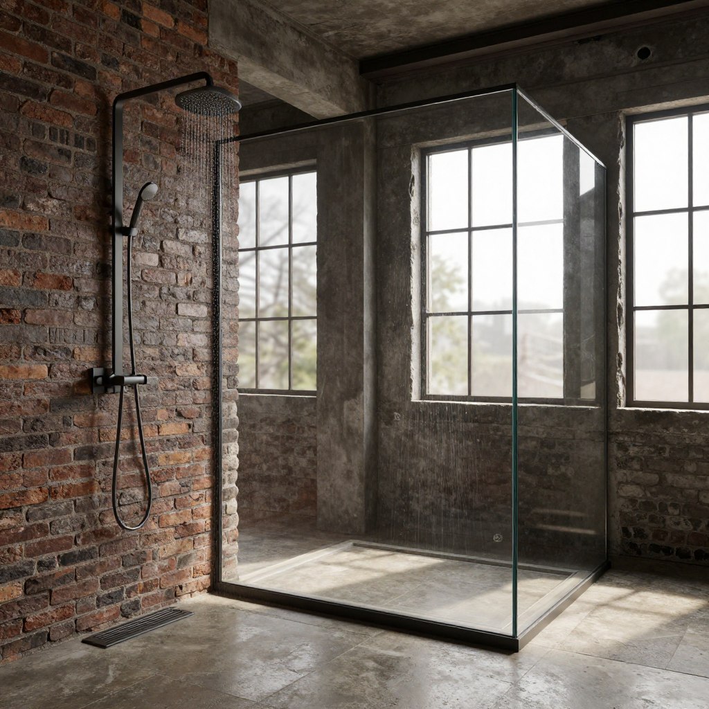 A spacious industrial-style shower space exuding luxury and boldness. In the foreground, sleek, dark matte fixtures contrast with rough, exposed brick walls, showcasing a large rainfall showerhead suspended from a black metal beam. The middle ground features a spacious walk-in design with a frameless glass enclosure and elegant stone tile flooring, glistening under warm, ambient lighting. The background reveals large, factory-style windows allowing natural light to stream in, casting subtle shadows that enhance the raw materials. The atmosphere is serene yet dynamic, combining industrial elements with modern luxury, perfect for relaxation. The color palette includes deep grays, warm browns, and soft metallics. No people are visible in the image, ensuring a focus on the beautiful design details.