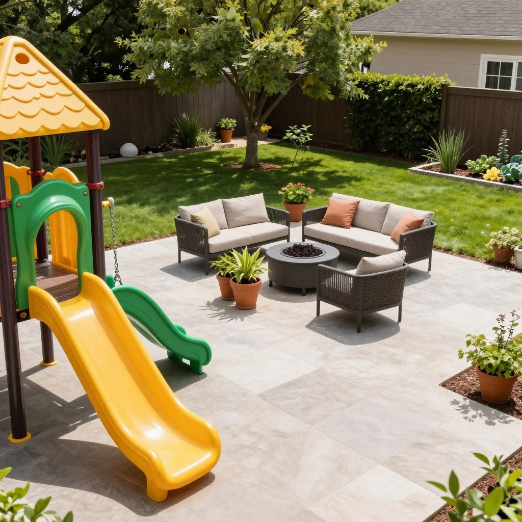 A spacious, kid-friendly backyard designed for modern outdoor living, featuring a vibrant play area with colorful play structures like a slide and swings in the foreground. In the middle section, a cozy seating area with stylish outdoor furniture surrounds a fire pit, adorned with potted plants and soft cushions, creating a welcoming vibe. The background showcases a well-manicured lawn with trees providing natural shade, and a small vegetable garden visible. Bright, natural lighting captures a sunny day that enhances the cheerful atmosphere. The angle is slightly elevated to provide a comprehensive view, emphasizing the layout’s harmony and modern aesthetics, perfect for family gatherings and playtime activities.