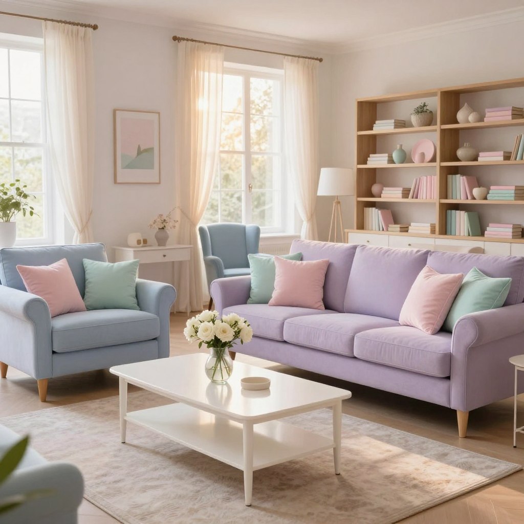 A spacious living room filled with pastel furniture trends, featuring a soft lavender sofa adorned with light pink and mint green cushions in the foreground. A sleek, white coffee table sits elegantly in front, showcasing a small vase of fresh white flowers. In the middle ground, pale blue armchairs complement the sofa, surrounded by light wooden shelves decorated with pastel-hued books and decorative items. The background reveals large windows draped with sheer curtains that softly diffuse golden sunlight, creating a warm and inviting atmosphere. The overall mood is serene and stylish, highlighting how pastel hues can enhance living room aesthetics while adding a sense of comfort and sophistication. Capture this scene with a wide-angle lens to emphasize the spaciousness of the room.