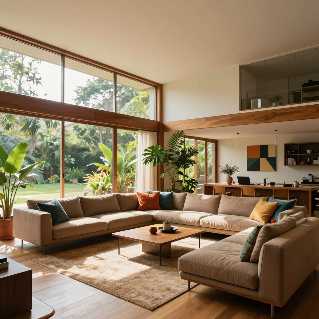 A spacious mid-century modern living room bathed in natural light, featuring large floor-to-ceiling windows that invite sunlight and provide a seamless connection to the outdoor greenery. The foreground showcases a sleek, low-profile sectional sofa in a warm earth tone complemented by colorful accent pillows. A minimalist coffee table sits atop a textured area rug, surrounded by potted plants that enhance the indoor-outdoor flow. In the background, the walls are adorned with geometric art, and warm wooden accents create a cozy atmosphere. The lighting is soft and inviting, capturing the essence of a serene afternoon. The image is taken from a wide-angle perspective to emphasize depth and openness, showcasing the blending of nature and modern design.