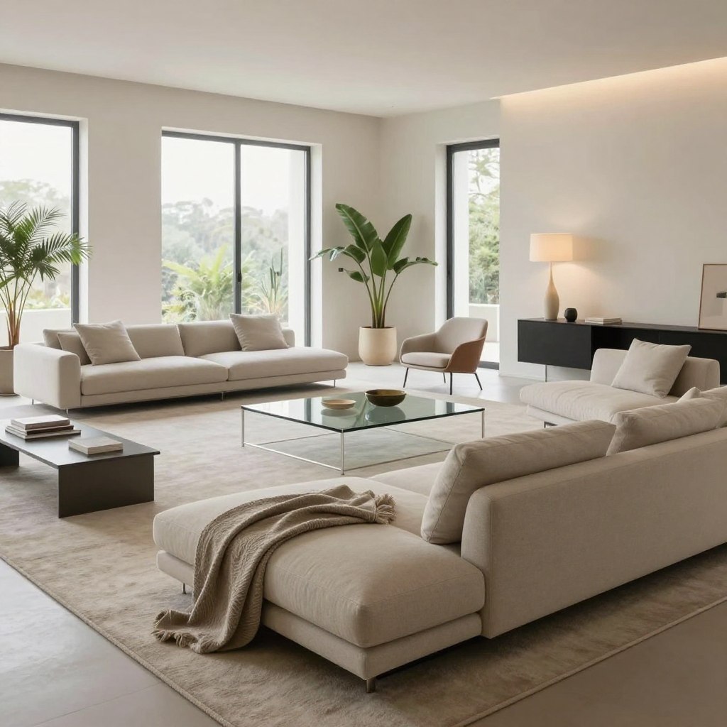 A spacious, minimalist open-concept living room featuring elegant furniture that harmonizes form and function. In the foreground, a sleek, low-profile sofa in neutral tones with a textured throw blanket rests on a soft, light-colored rug. The middle ground includes a modern coffee table made of glass and metal, surrounded by minimalist accent chairs. In the background, large windows allow natural light to flood the space, highlighting a tasteful arrangement of potted plants. The ambiance is calm and inviting, complemented by soft, warm lighting from pendant lamps. The scene is shot from a slightly elevated angle, creating a sense of depth and openness in the design, emphasizing the luxury of simplicity.
