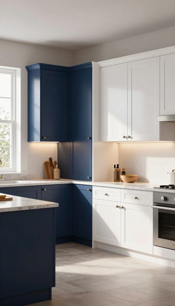 A spacious, modern kitchen interior showcasing a side-by-side comparison of matte and glossy kitchen cabinets. On the left, sleek matte cabinets in a deep navy blue finish, with warm ambient lighting that highlights their smooth texture and understated elegance. On the right, striking glossy cabinets in a bright white finish, reflecting the light and creating a vibrant, airy atmosphere. The countertop features a polished stone surface, while the backsplash has subtle tile patterns that complement both finishes. The scene is well-lit with natural sunlight streaming through a large window, and a neutral wall color serves as a backdrop, allowing the cabinetry finishes to stand out. The overall mood is sophisticated and inviting, ideal for a modern luxury setting.