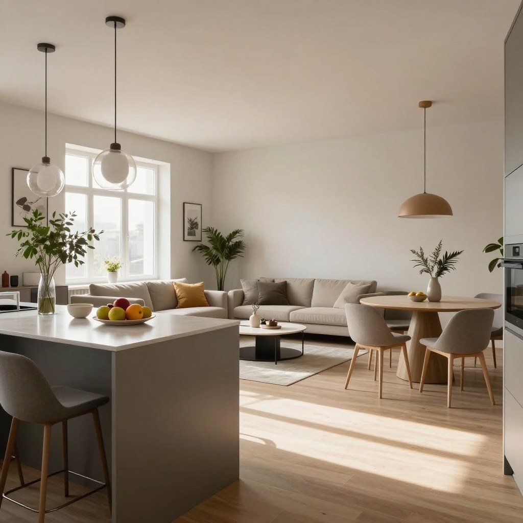 A spacious open concept kitchen seamlessly flowing into a stylish living room, designed for modern apartments. In the foreground, a sleek kitchen island with minimalist bar stools, adorned with fresh fruits and modern kitchenware. In the middle, a cozy living area featuring a contemporary sofa, elegant coffee table, and tasteful decor. Soft natural light streams through large windows, creating a warm and inviting atmosphere. The walls are painted in soft neutral tones, with accents of greenery from potted plants. In the background, a well-defined dining space with a chic dining table and modern lighting fixtures hangs above. The angle captures the harmony of space and functionality, offering a glimpse into the ideal balance of comfort and style in open concept living. A spacious open concept kitchen seamlessly flowing into a stylish living room, designed for modern apartments. In the foreground, a sleek kitchen island with minimalist bar stools, adorned with fresh fruits and modern kitchenware. In the middle, a cozy living area featuring a contemporary sofa, elegant coffee table, and tasteful decor. Soft natural light streams through large windows, creating a warm and inviting atmosphere. The walls are painted in soft neutral tones, with accents of greenery from potted plants. In the background, a well-defined dining space with a chic dining table and modern lighting fixtures hangs above. The angle captures the harmony of space and functionality, offering a glimpse into the ideal balance of comfort and style in open concept living.